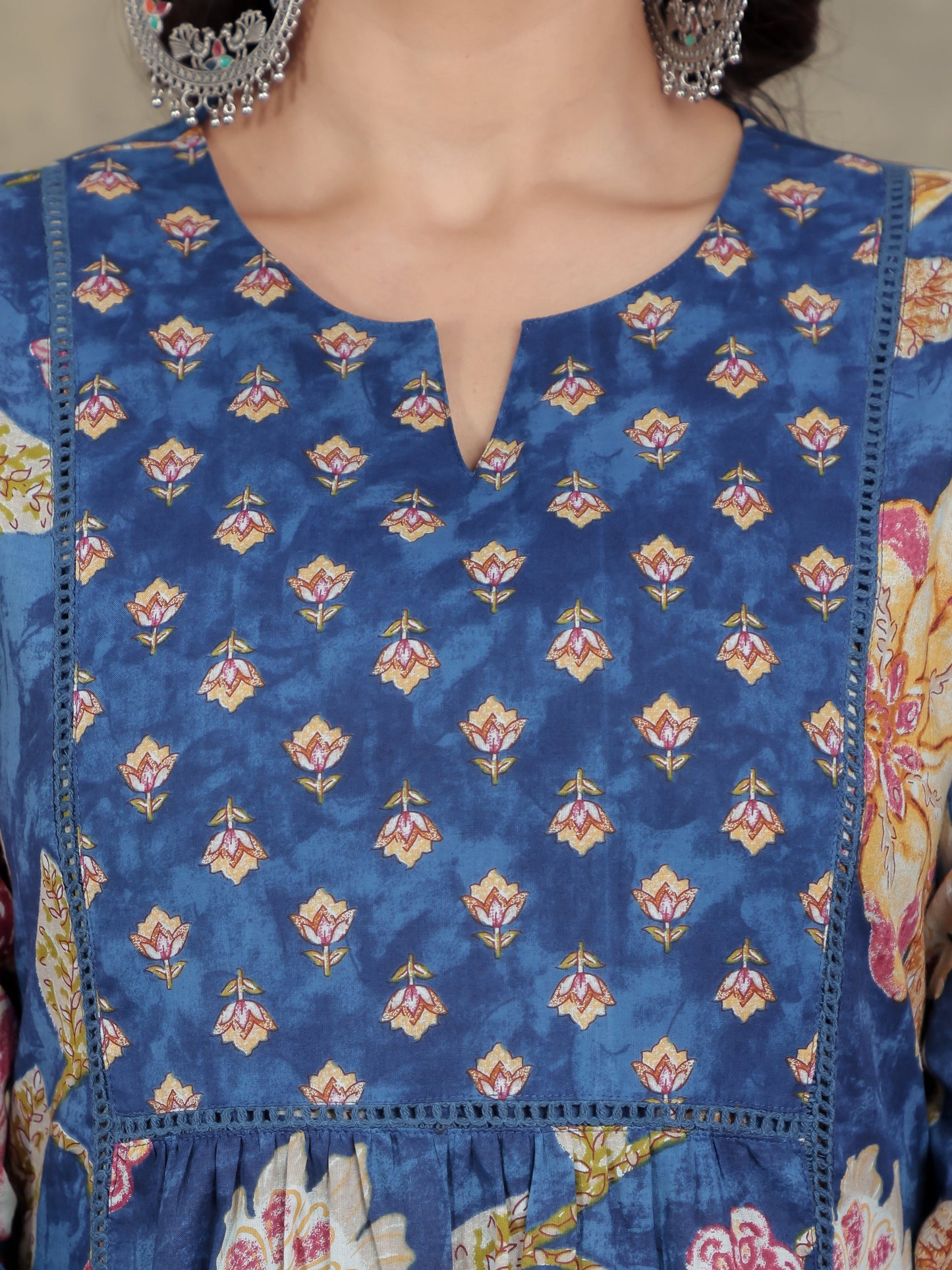 Soft Cotton Floral Panelled Blue Kurta