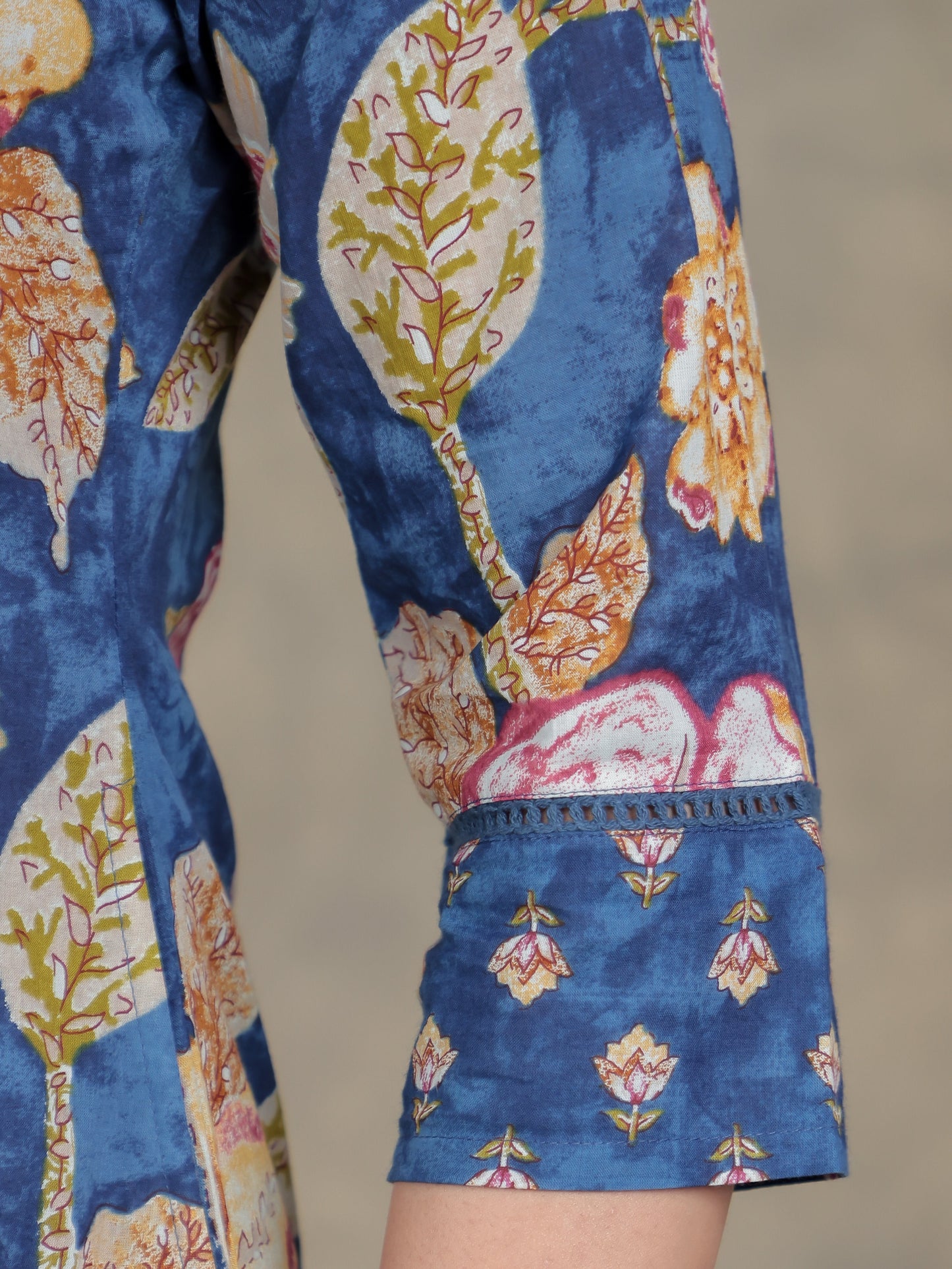 Soft Cotton Floral Panelled Blue Kurta