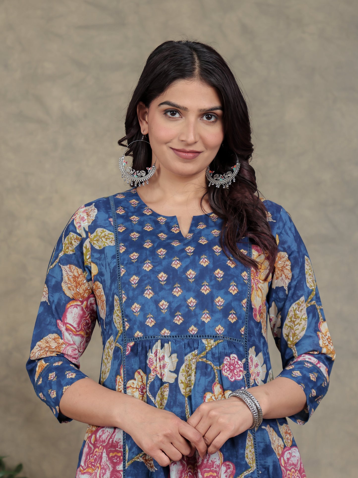 Soft Cotton Floral Panelled Blue Kurta