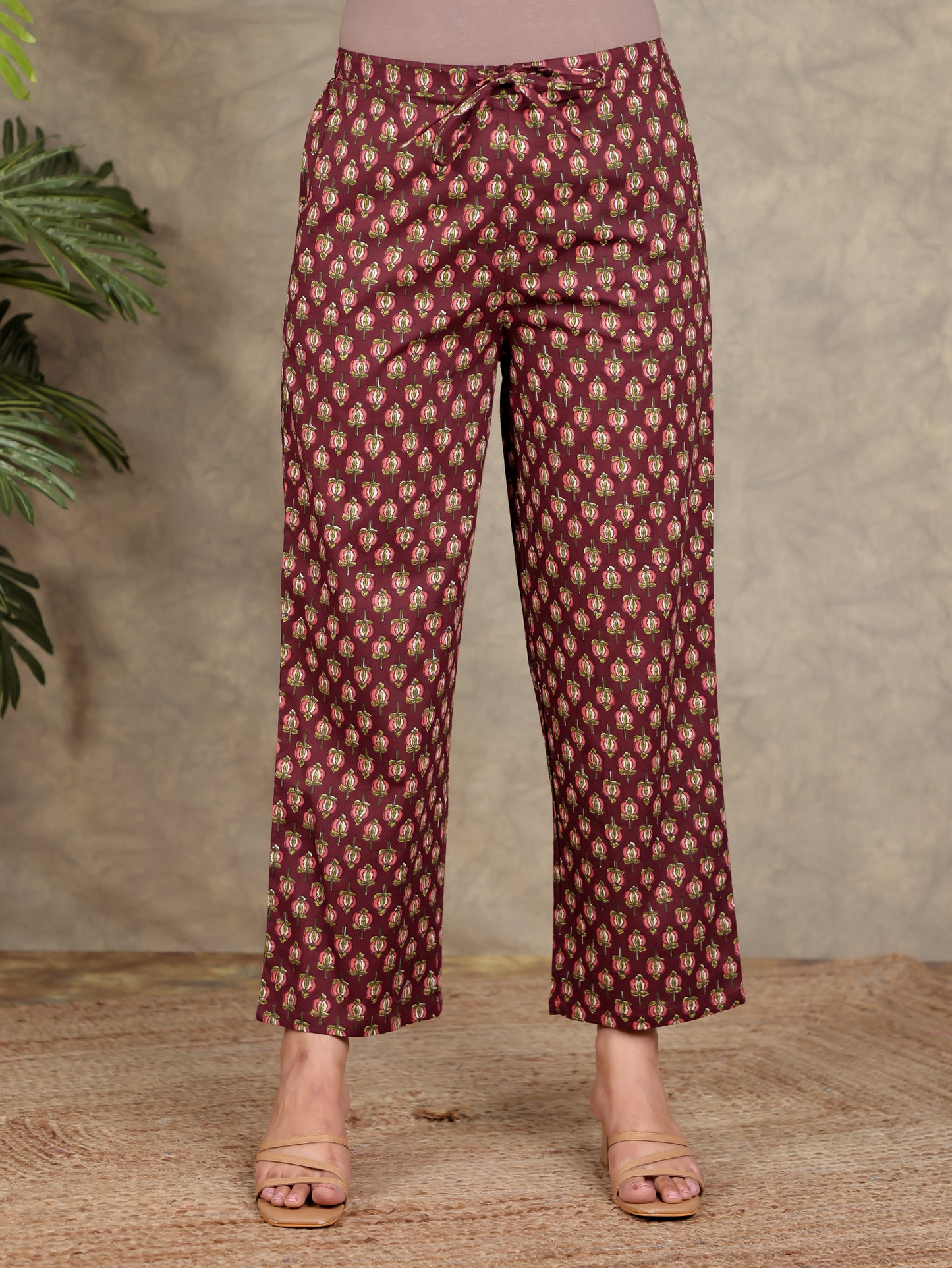 Soft Cotton Floral Red Straight Trousers