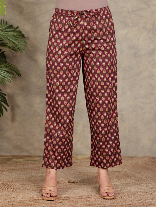 Soft Cotton Floral Red Straight Trousers