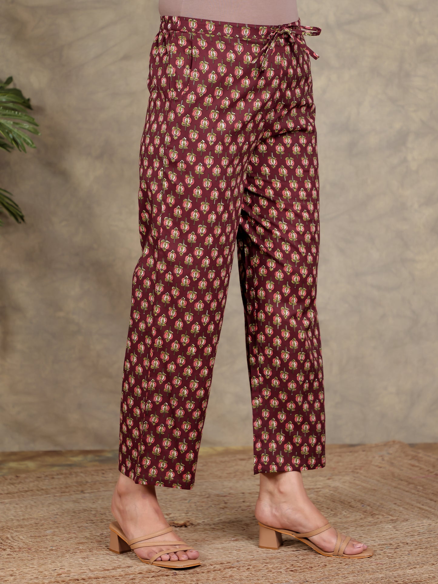 Soft Cotton Floral Red Straight Trousers