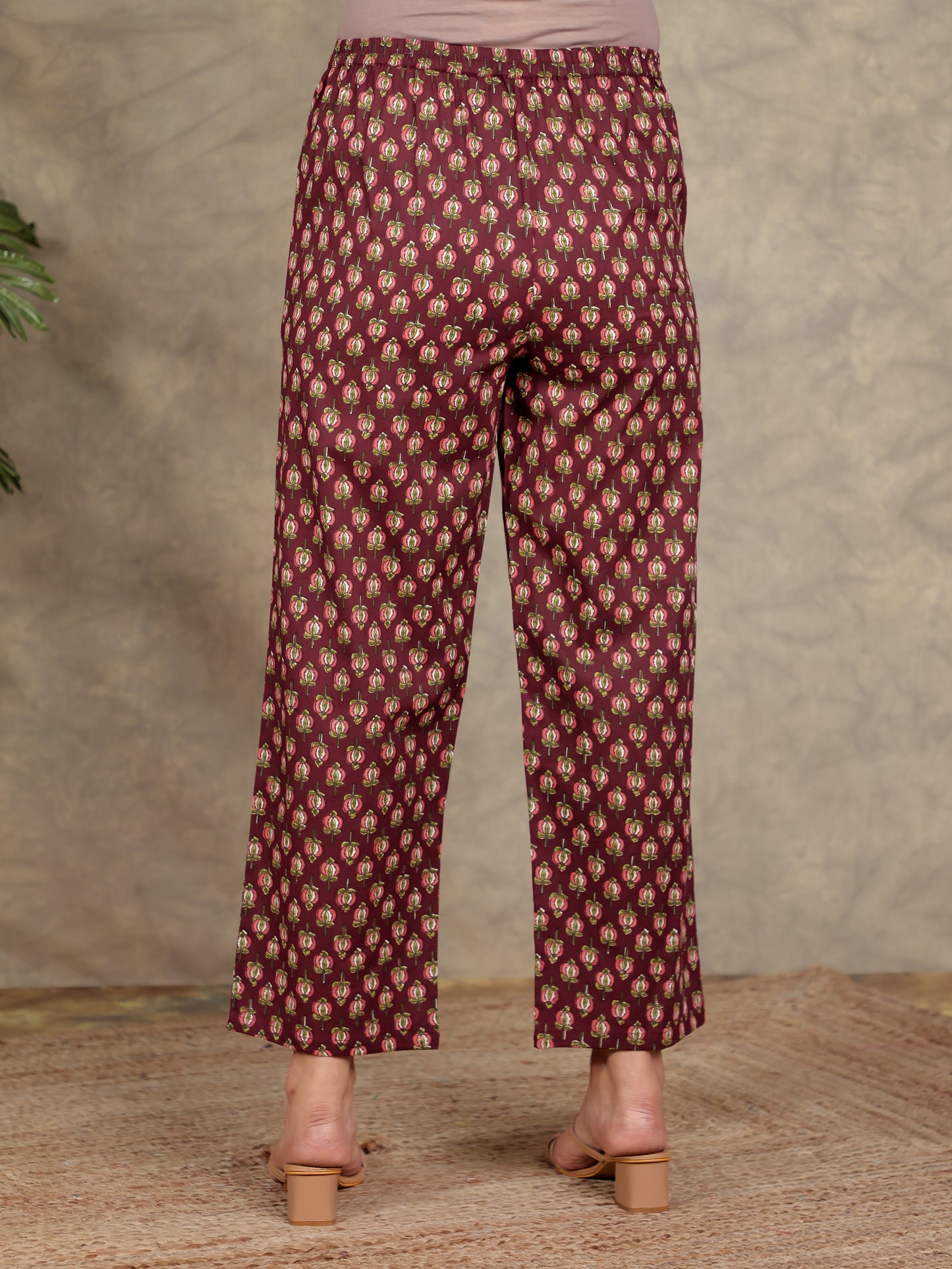 Soft Cotton Floral Red Straight Trousers