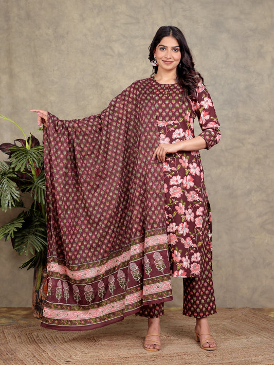 Cotton Voile Floral Maroon Dupatta
