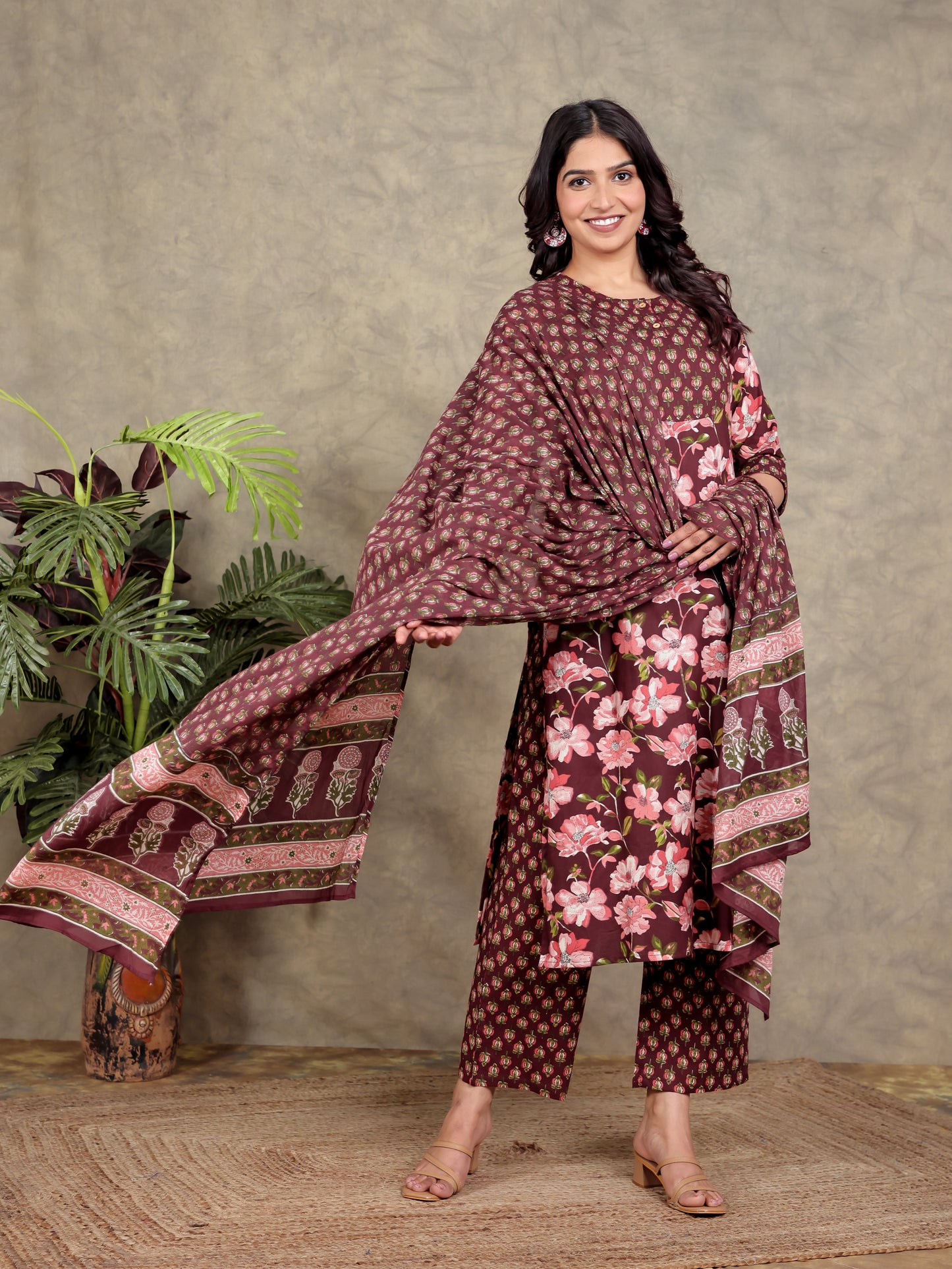 Cotton Voile Floral Maroon Dupatta