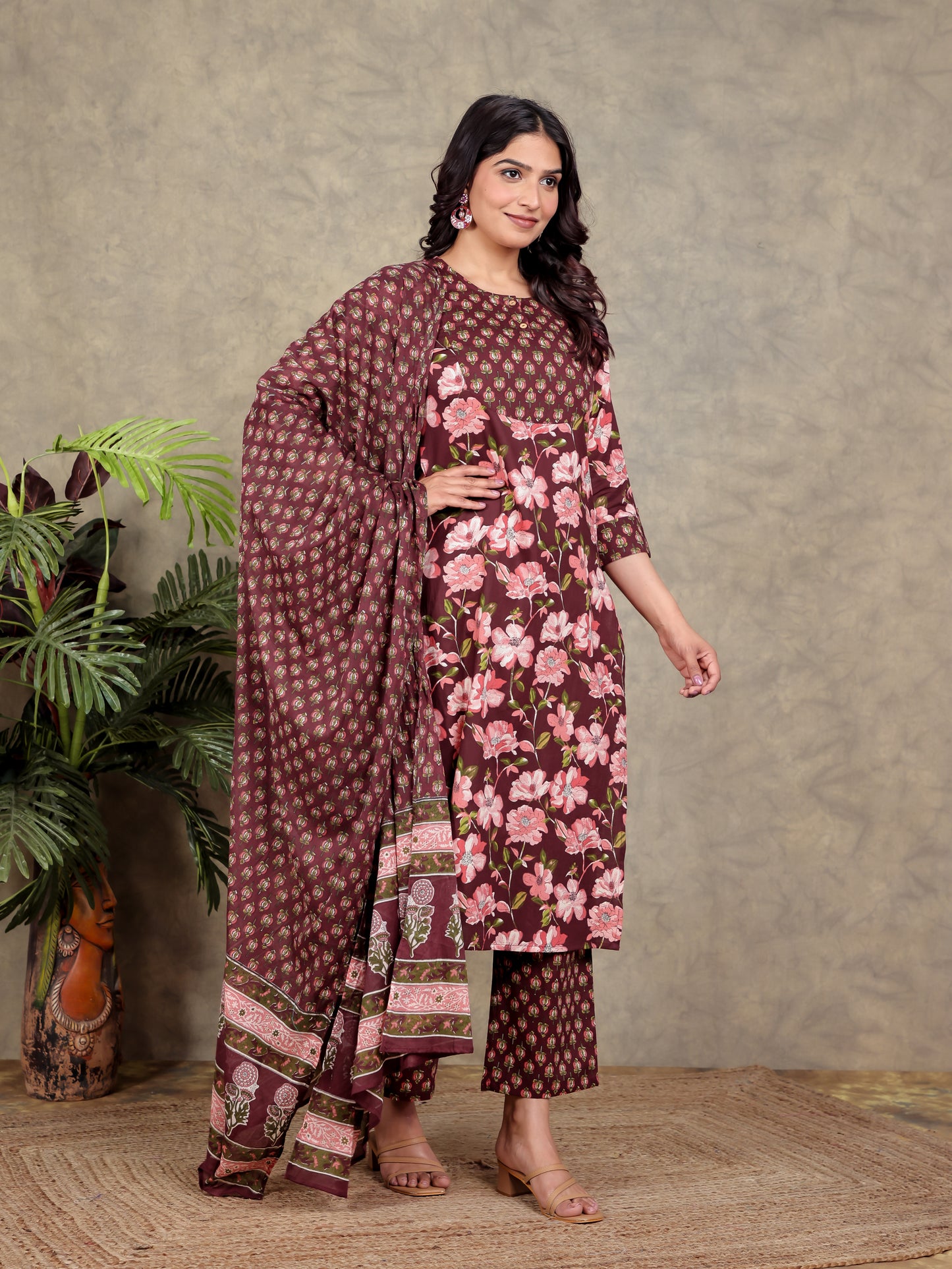 Cotton Voile Floral Maroon Dupatta