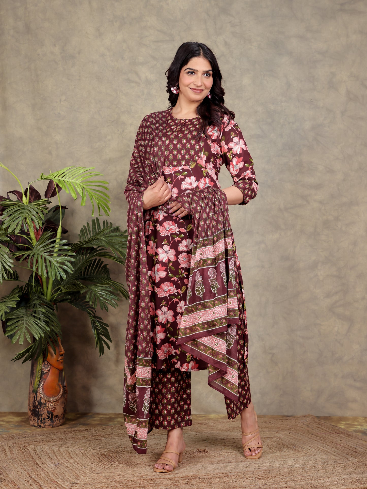 Soft Cotton Floral Kaftan Maroon Kurta