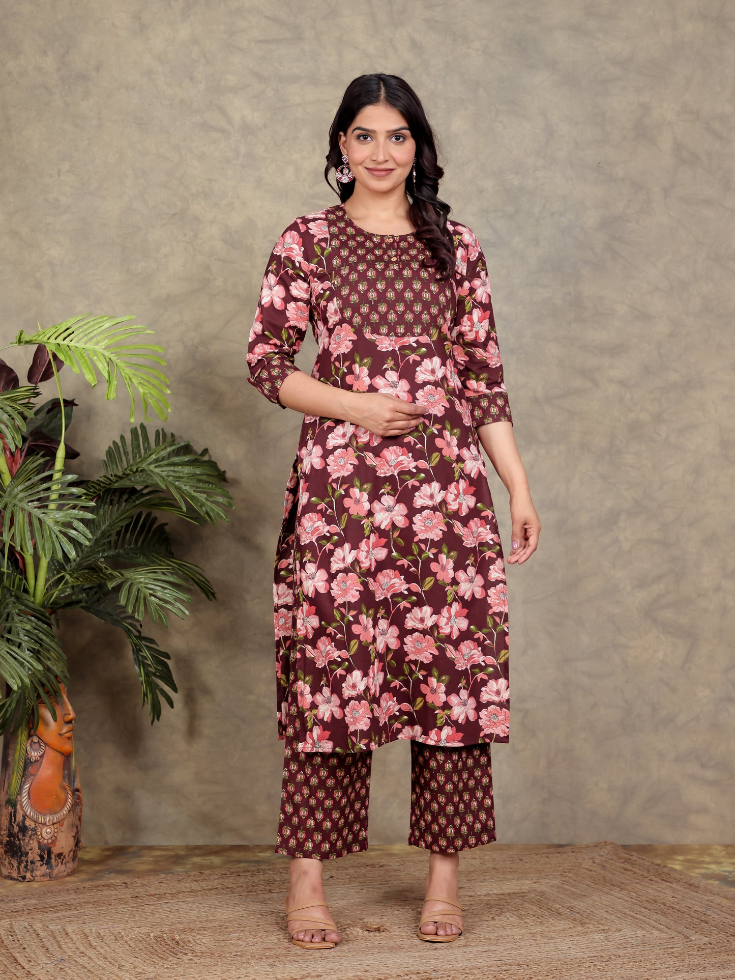 Soft Cotton Floral Kaftan Maroon Kurta