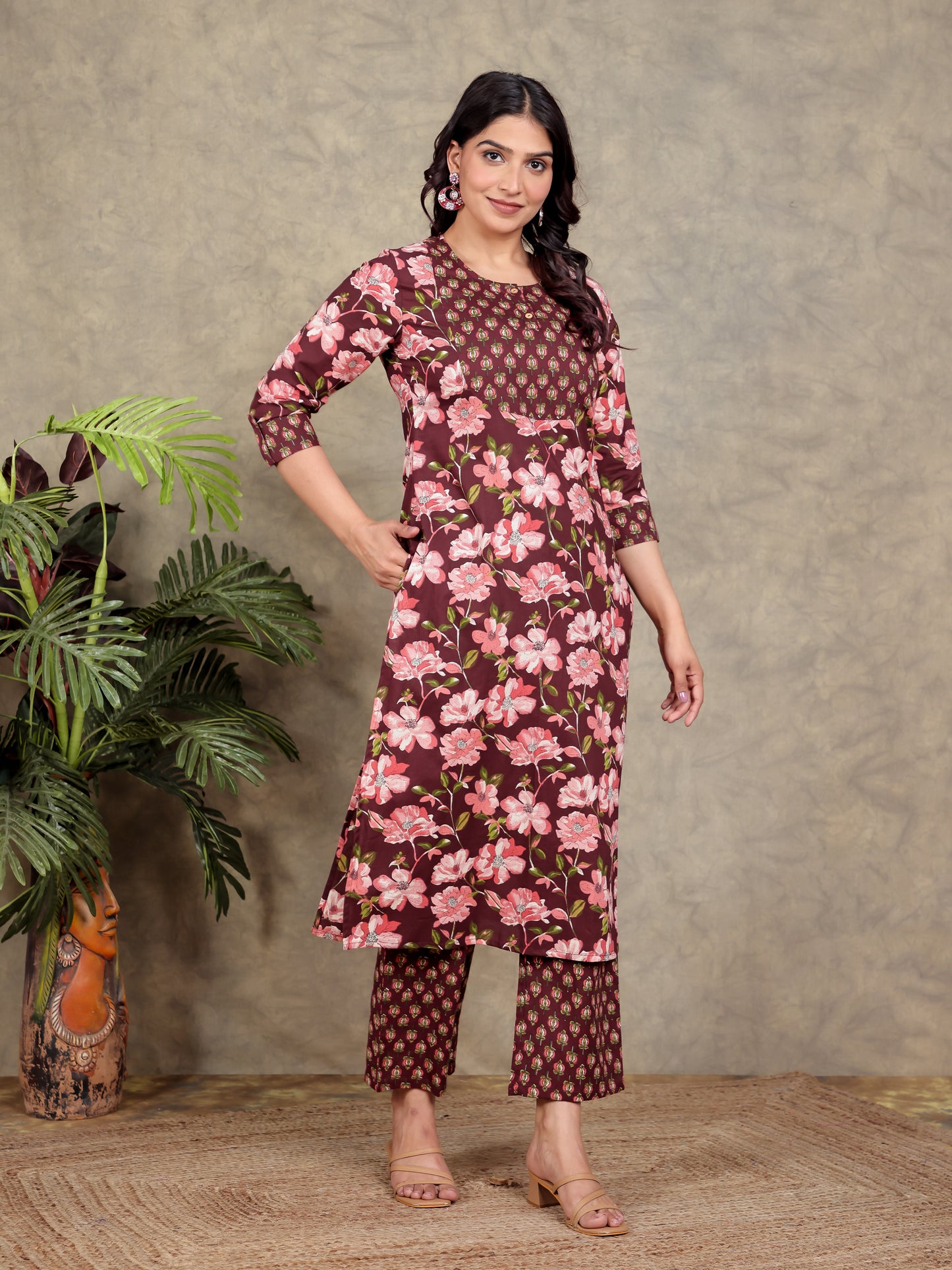 Soft Cotton Floral Kaftan Maroon Kurta