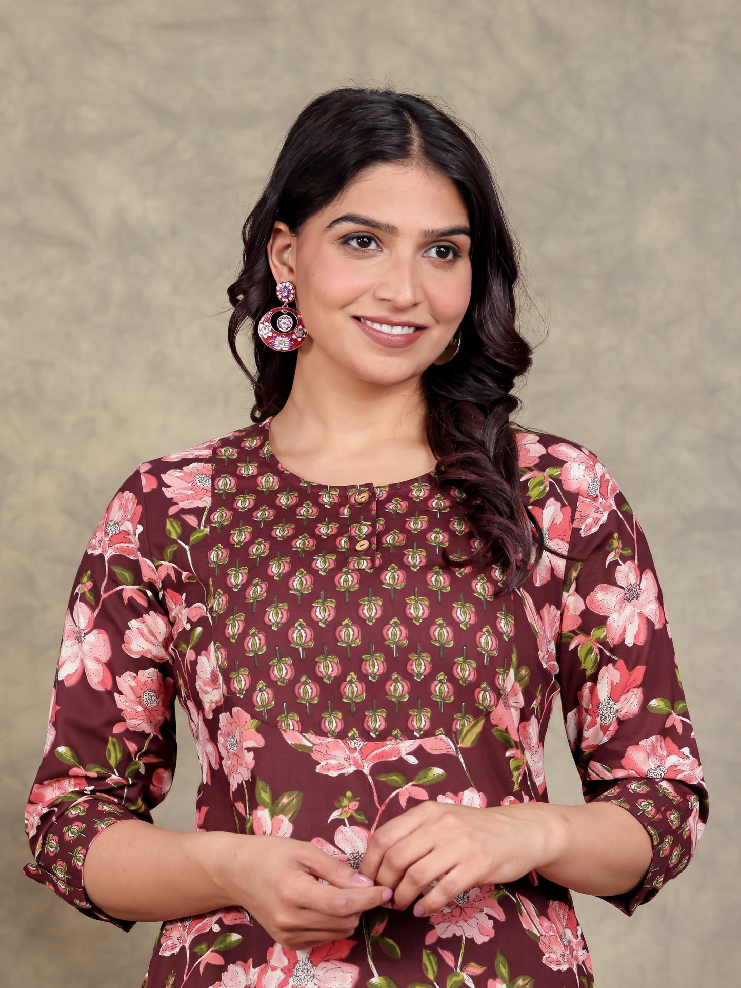 Soft Cotton Floral Kaftan Maroon Kurta