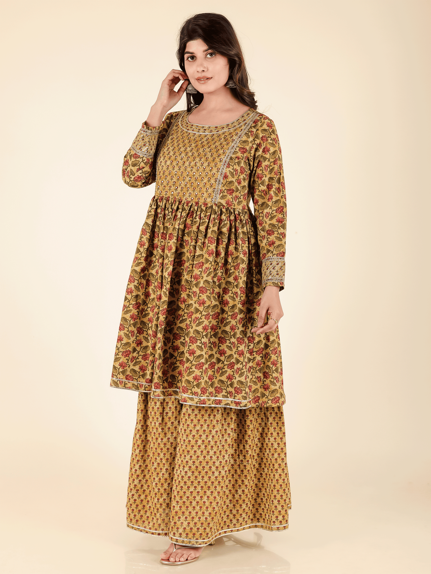 Soft Cotton Floral Flared Brown Kurta