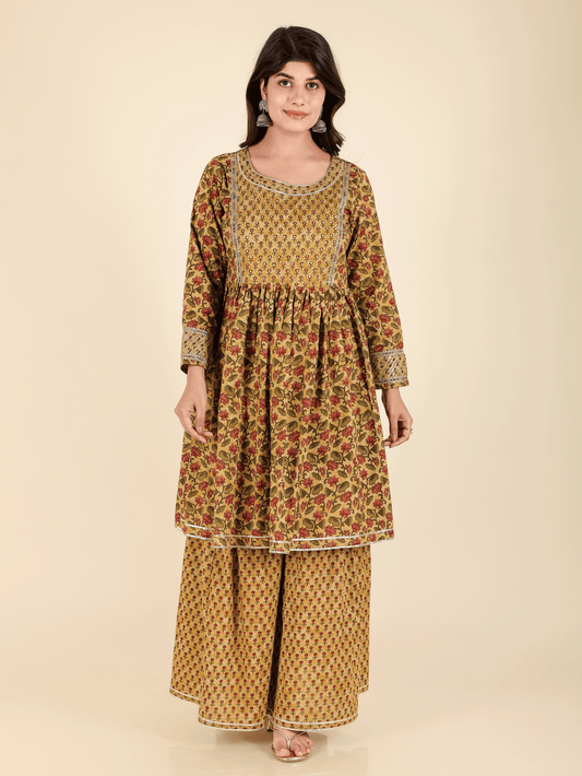 Soft Cotton Floral Flared Brown Kurta
