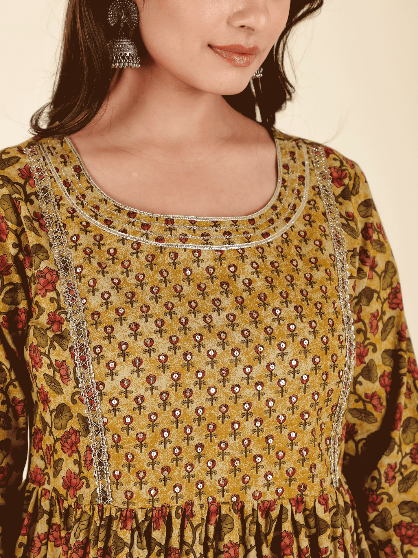 Soft Cotton Floral Flared Brown Kurta