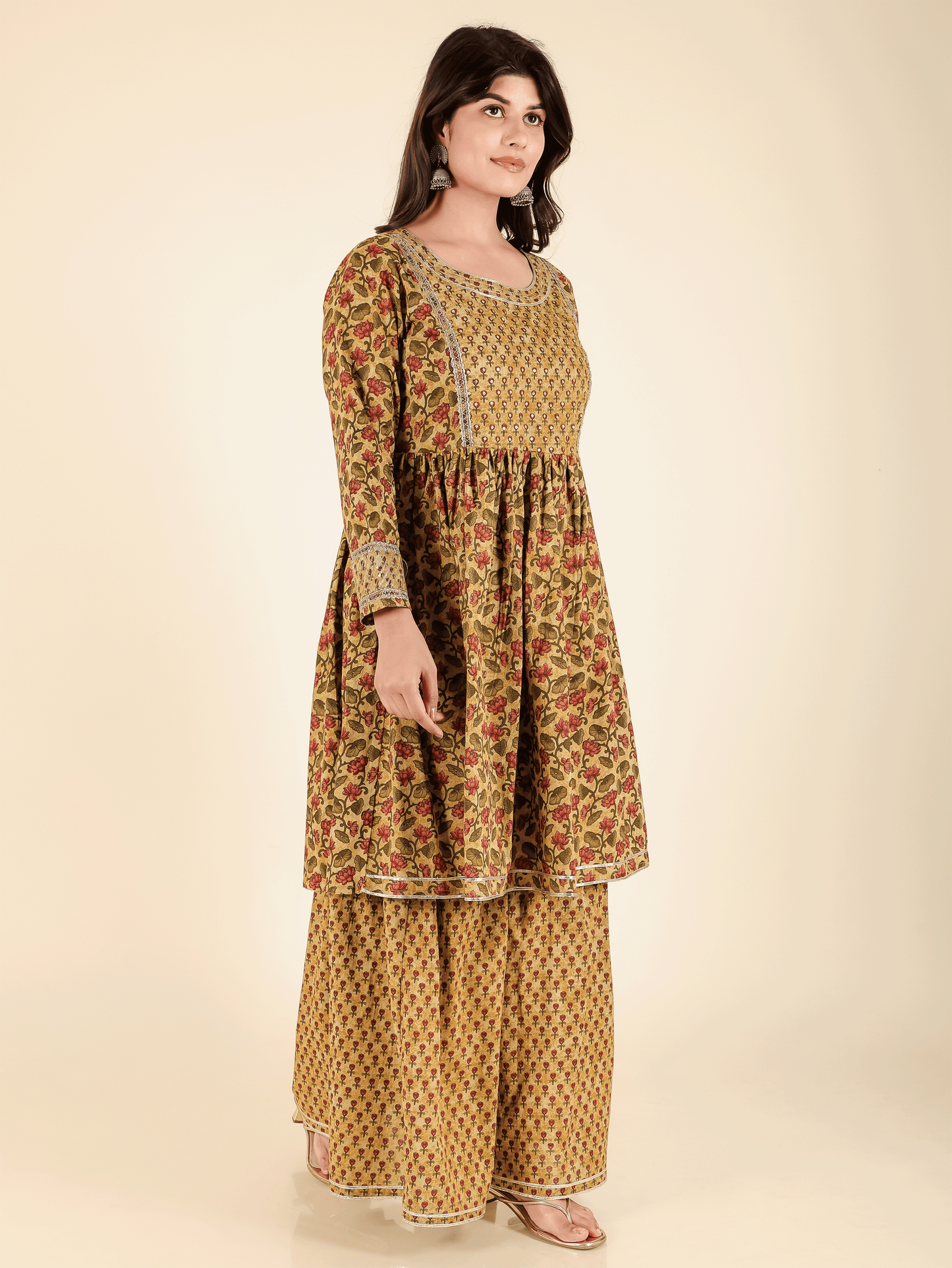 Soft Cotton Floral Flared Brown Kurta