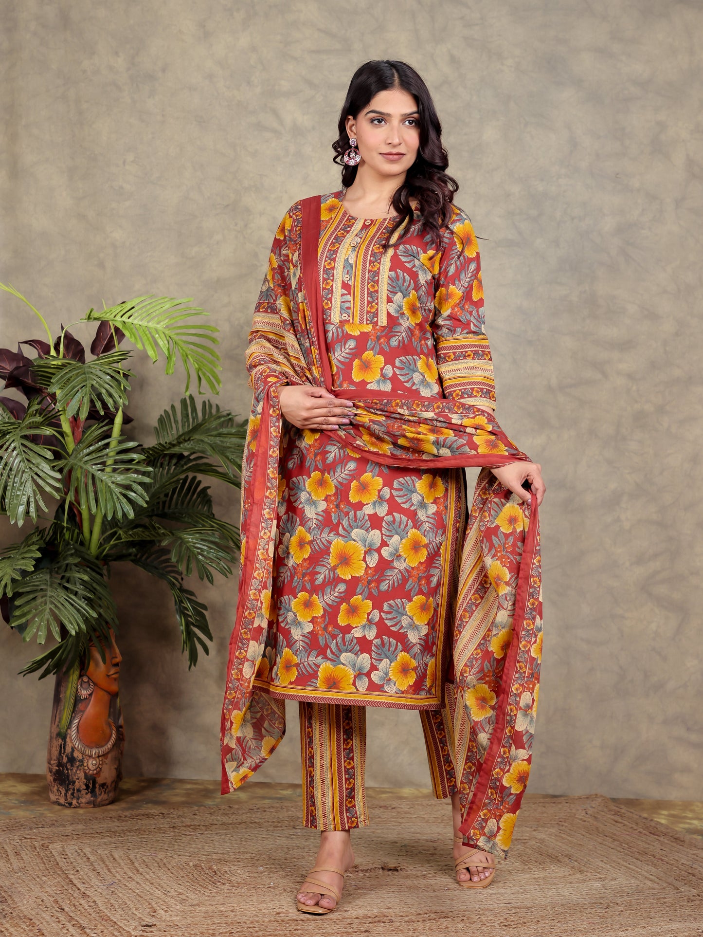 Soft Cotton Floral Straight Red Kurta