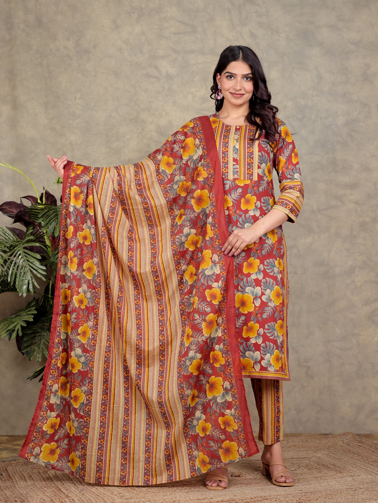 Soft Cotton Floral Straight Red Kurta