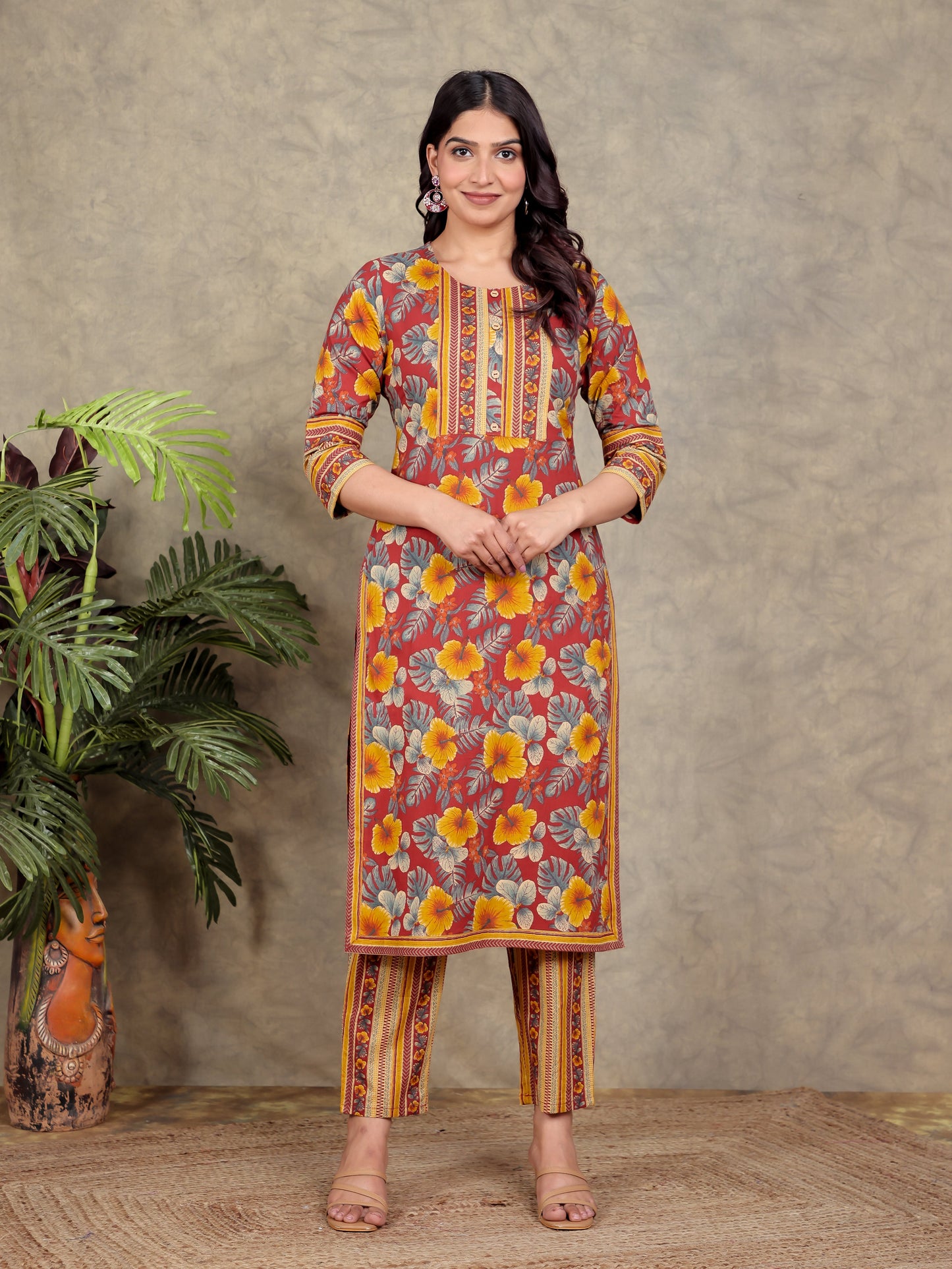 Soft Cotton Floral Straight Red Kurta