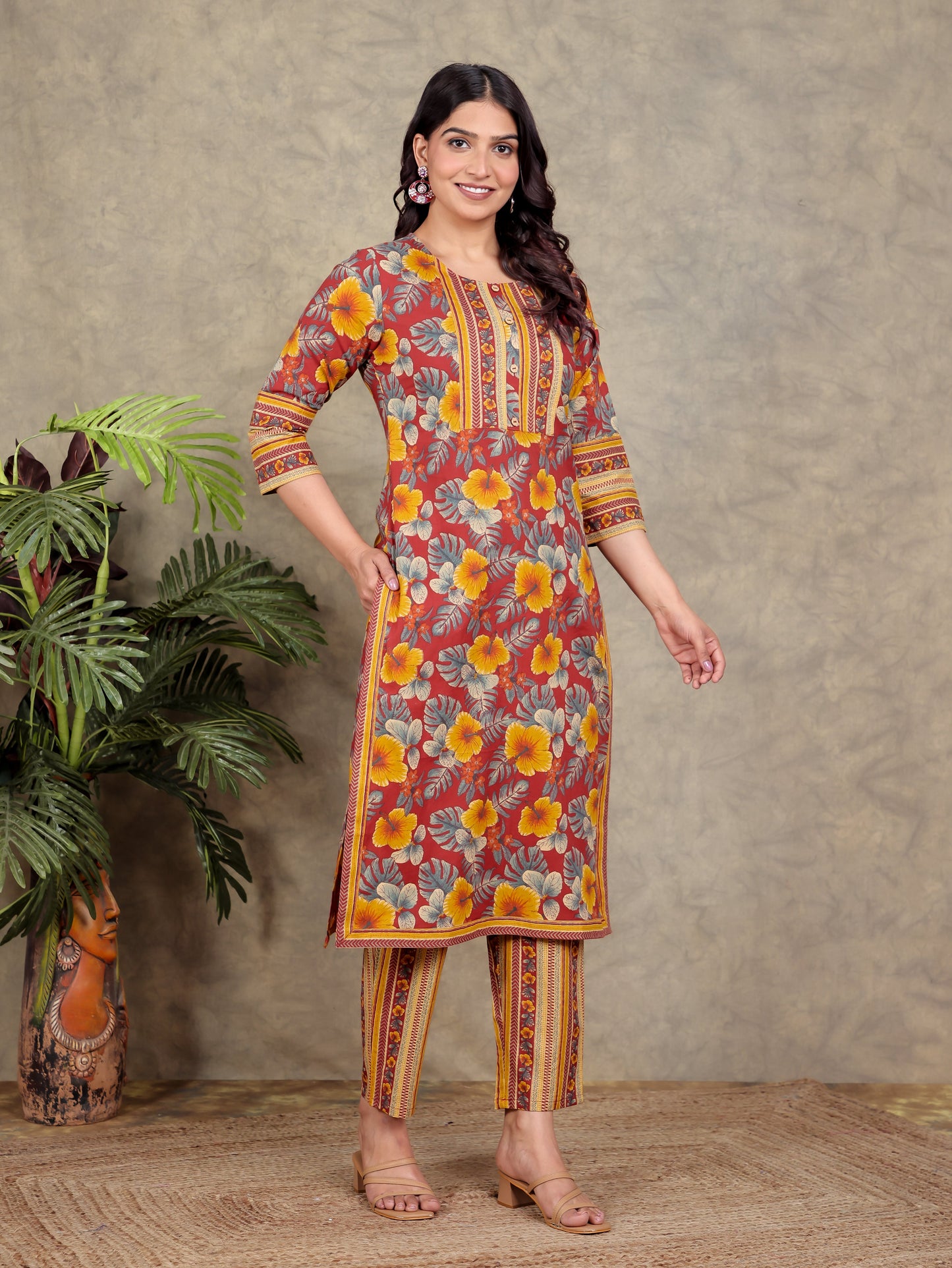 Soft Cotton Floral Straight Red Kurta