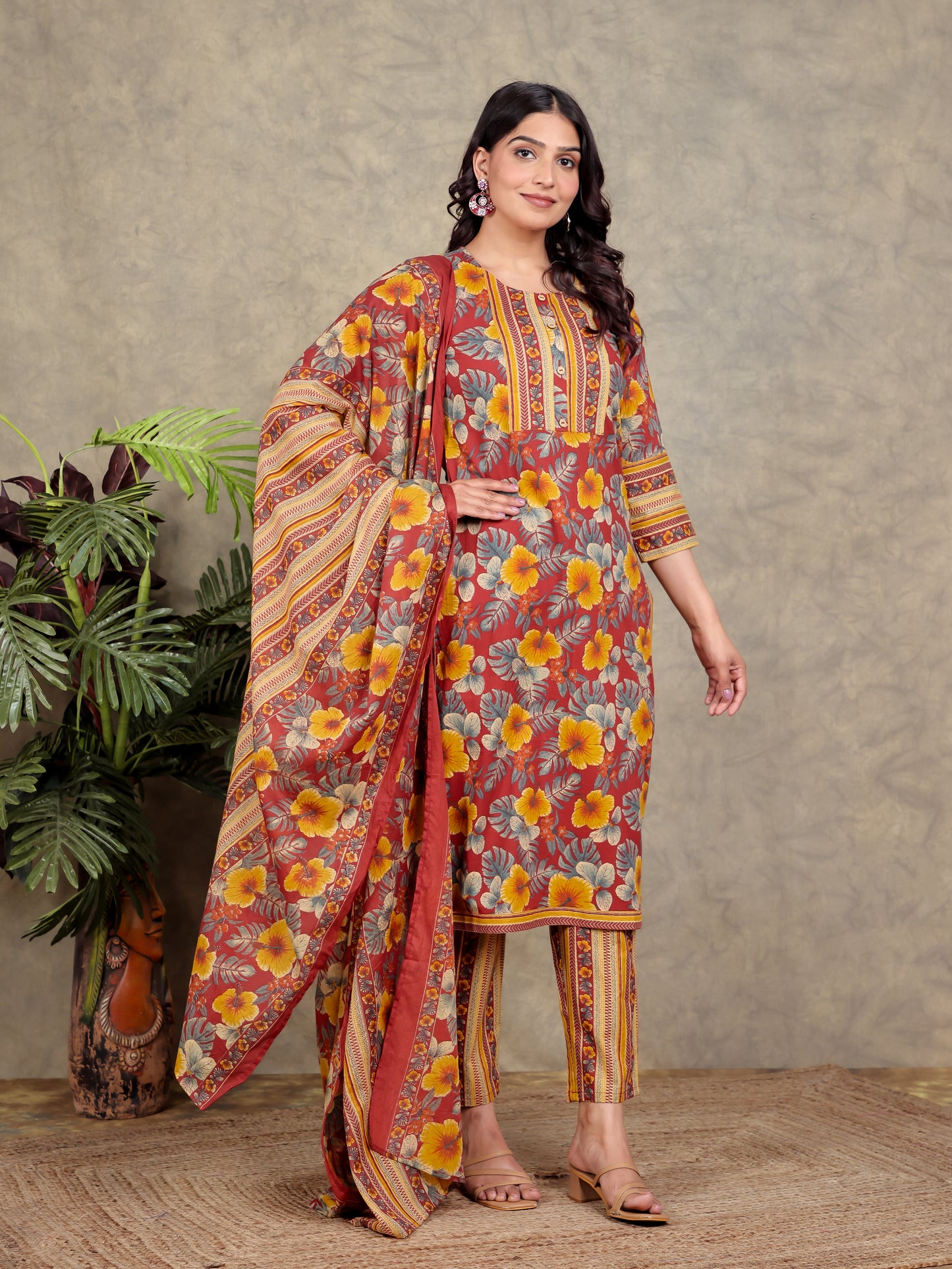 Soft Cotton Floral Straight Red Kurta