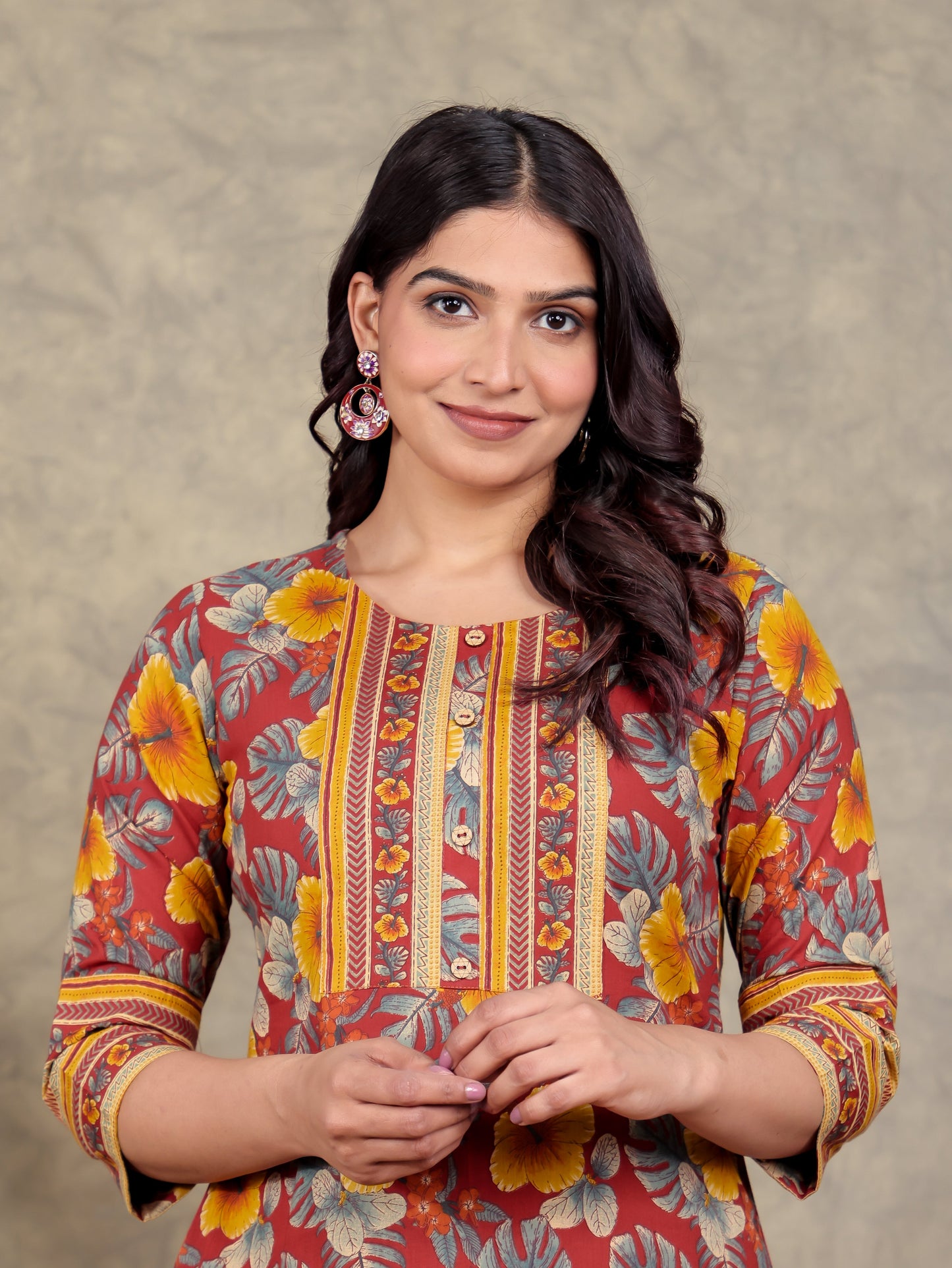 Soft Cotton Floral Straight Red Kurta