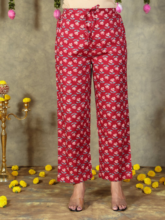 Soft Cotton Floral Red Straight Trousers
