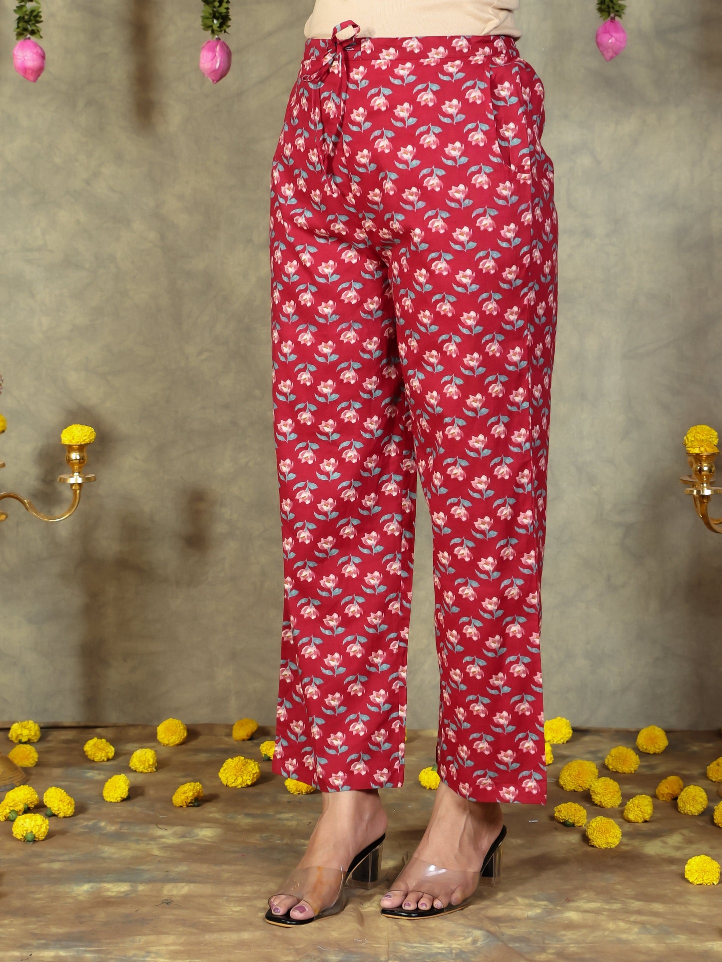 Soft Cotton Floral Red Straight Trousers