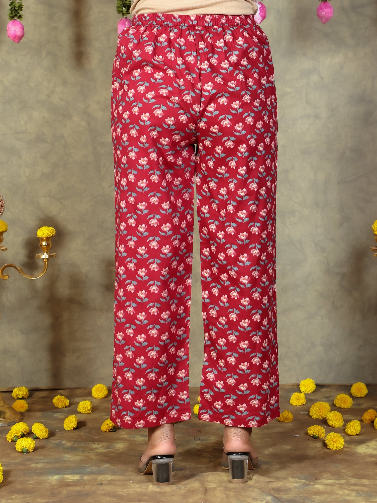 Soft Cotton Floral Red Straight Trousers