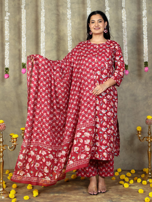 Cotton Voile Floral Red Dupatta