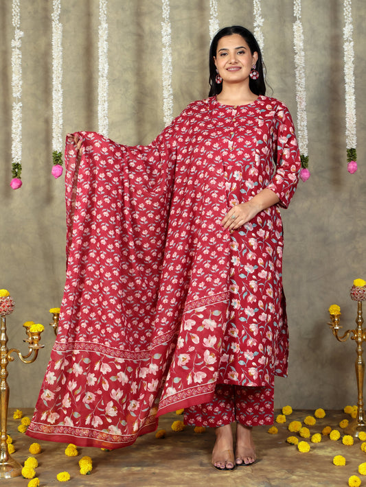 Cotton Voile Floral Red Dupatta
