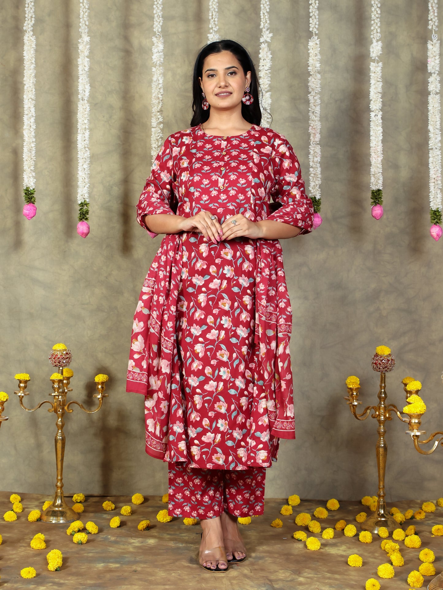Cotton Voile Floral Red Dupatta