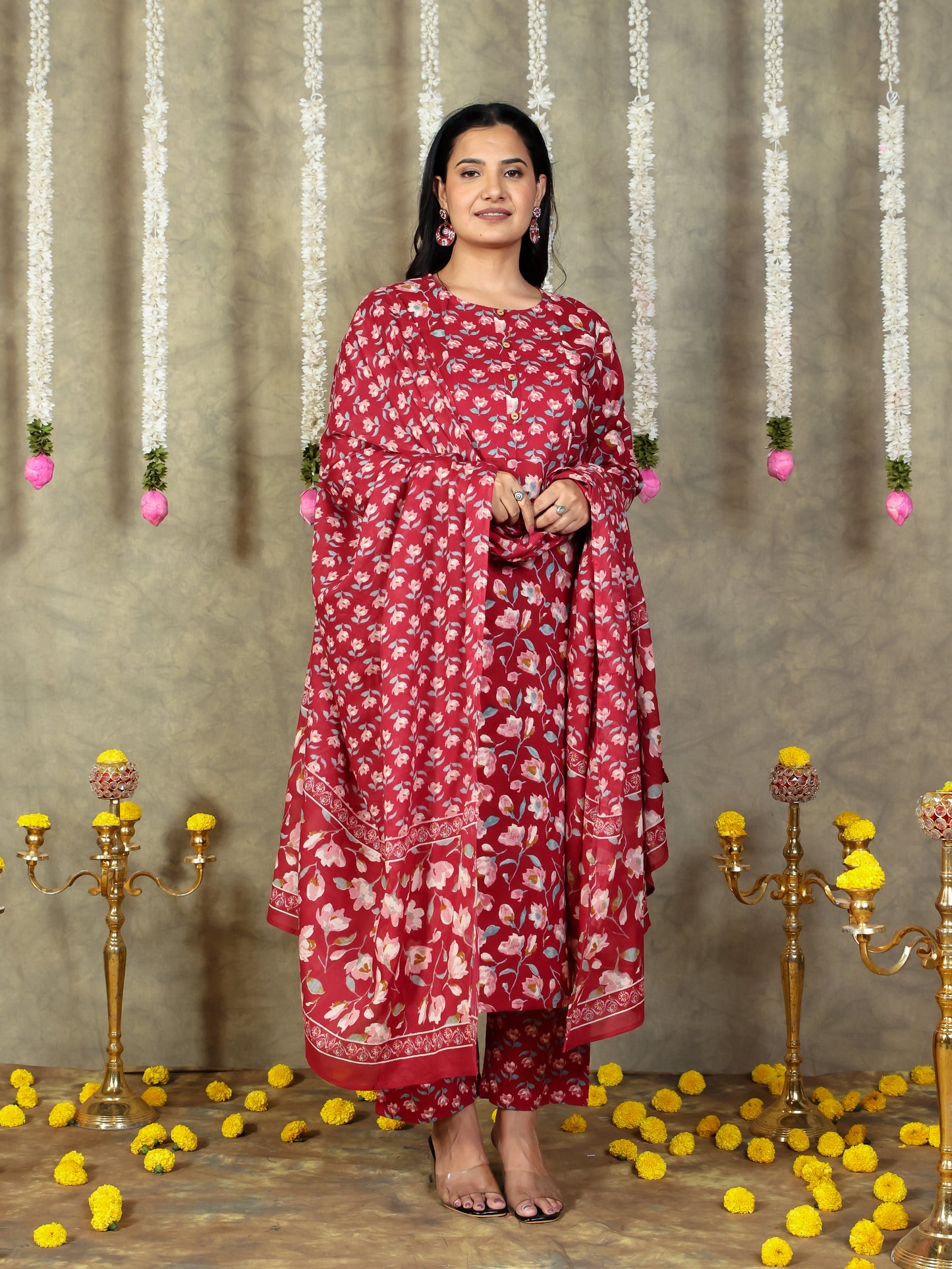 Cotton Voile Floral Red Dupatta