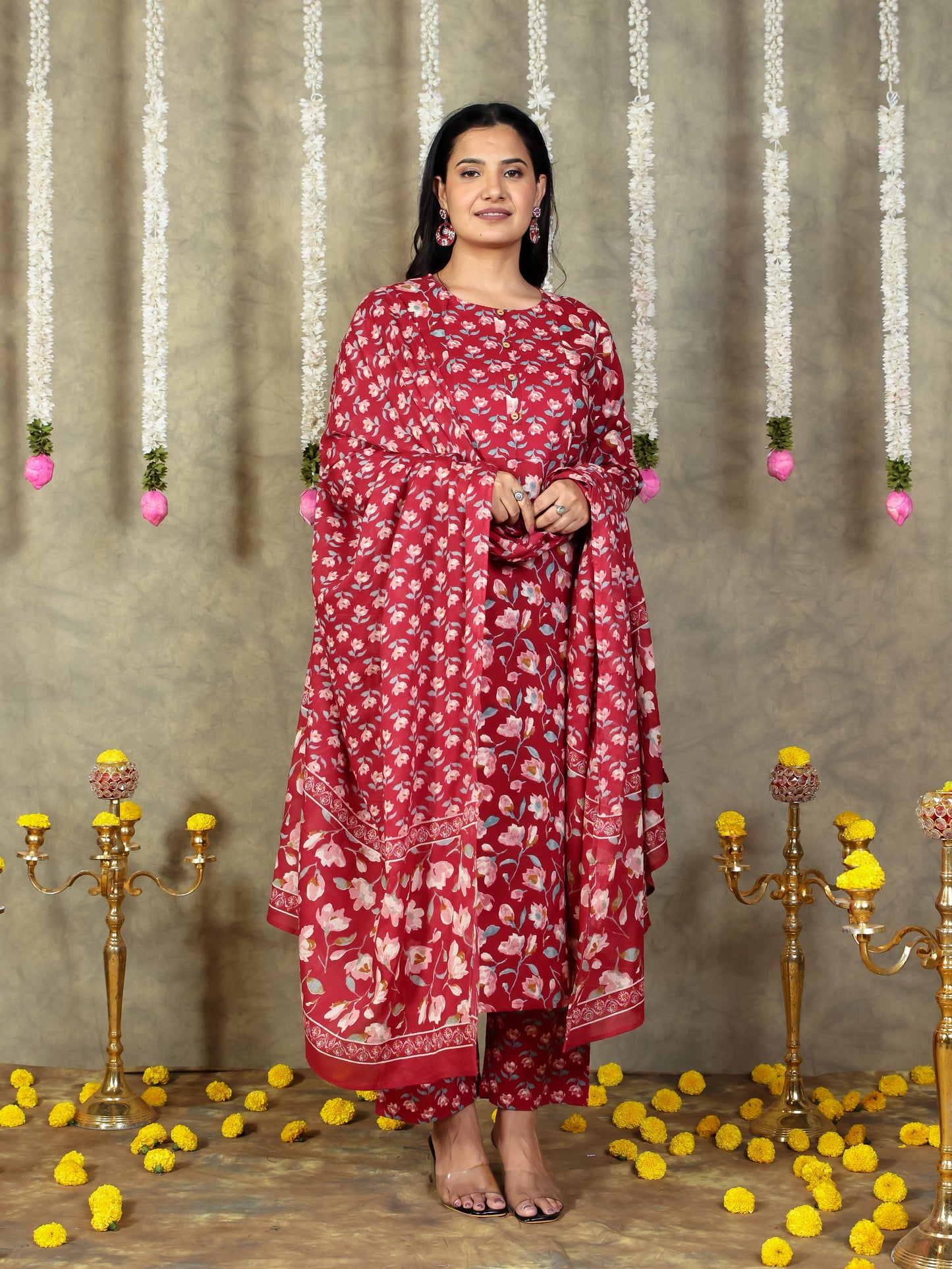 Soft Cotton Floral Straight Red Kurta