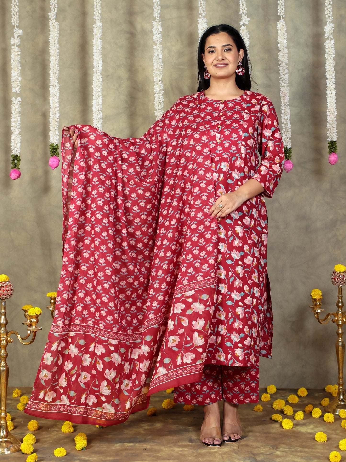 Soft Cotton Floral Straight Red Kurta