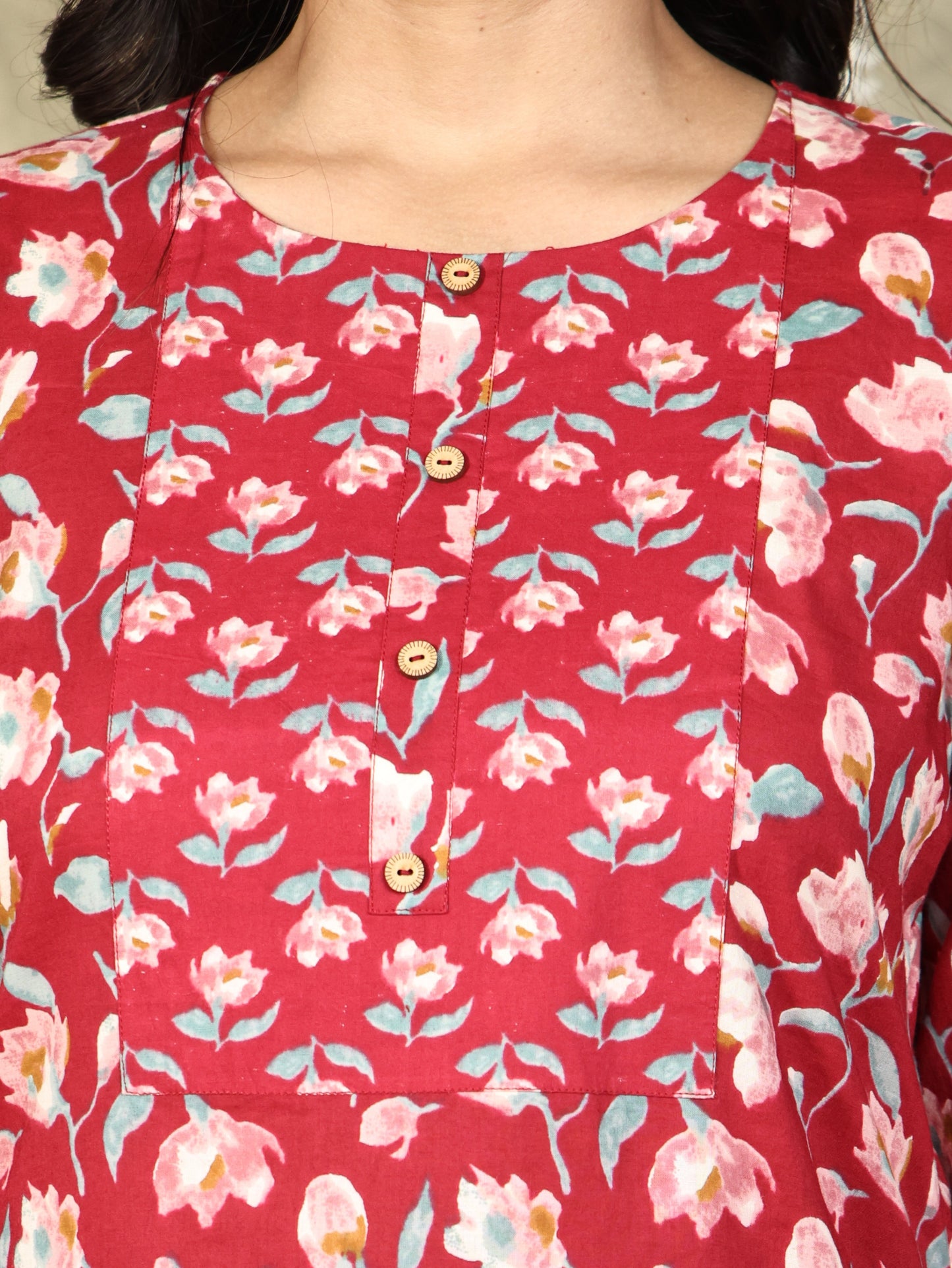 Soft Cotton Floral Straight Red Kurta