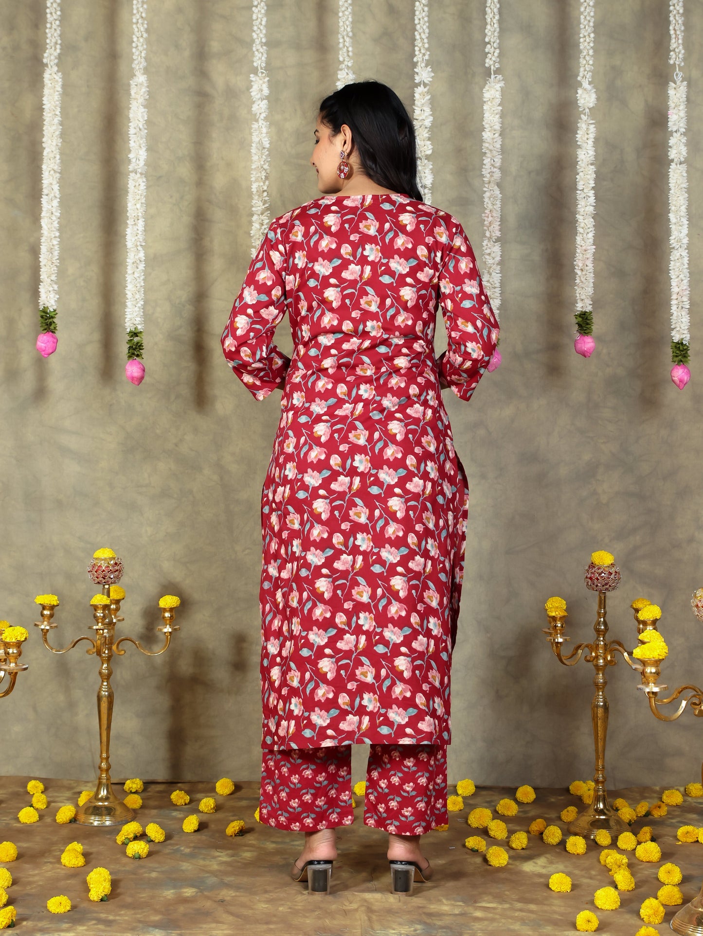 Soft Cotton Floral Straight Red Kurta