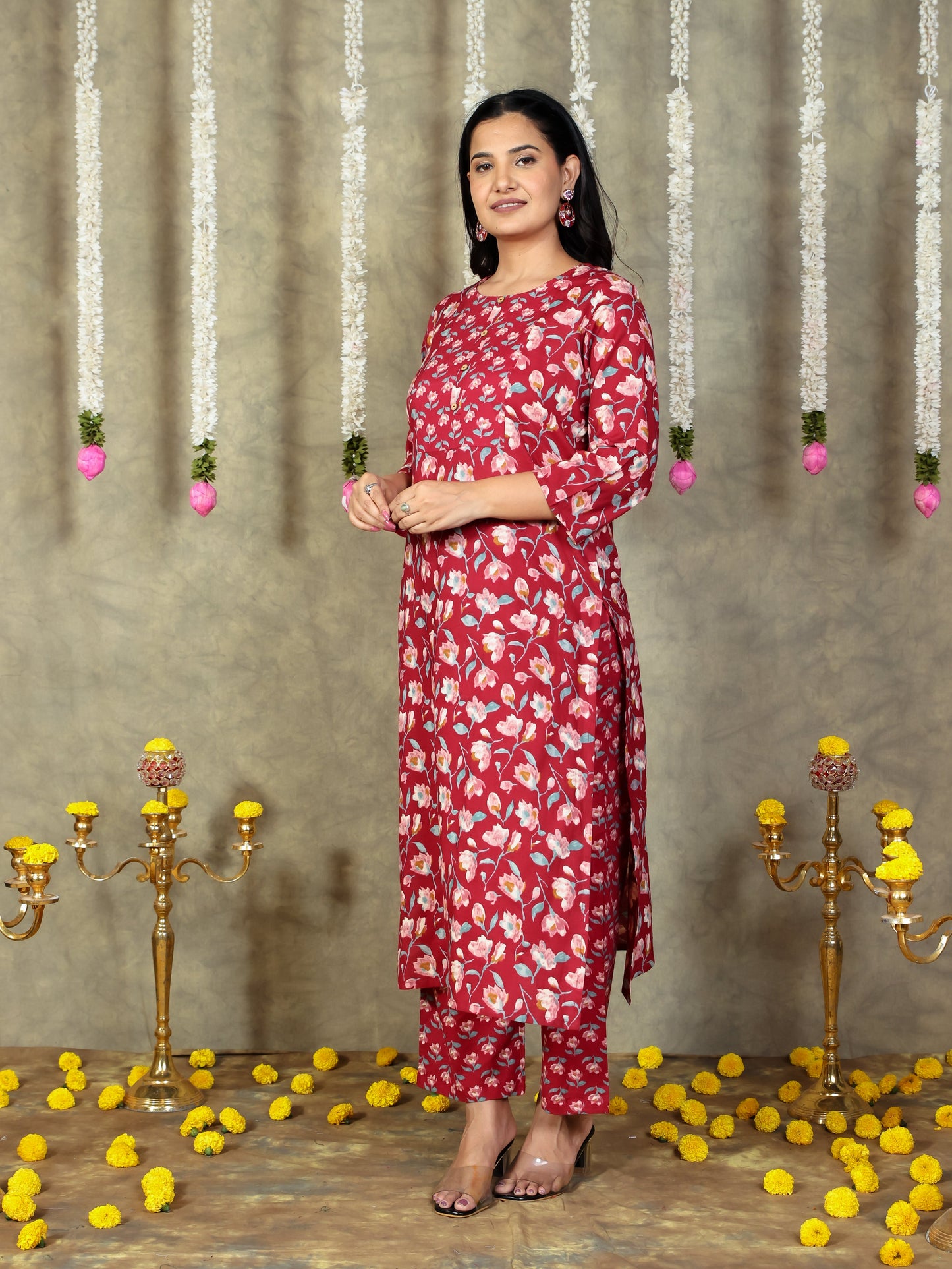 Soft Cotton Floral Straight Red Kurta