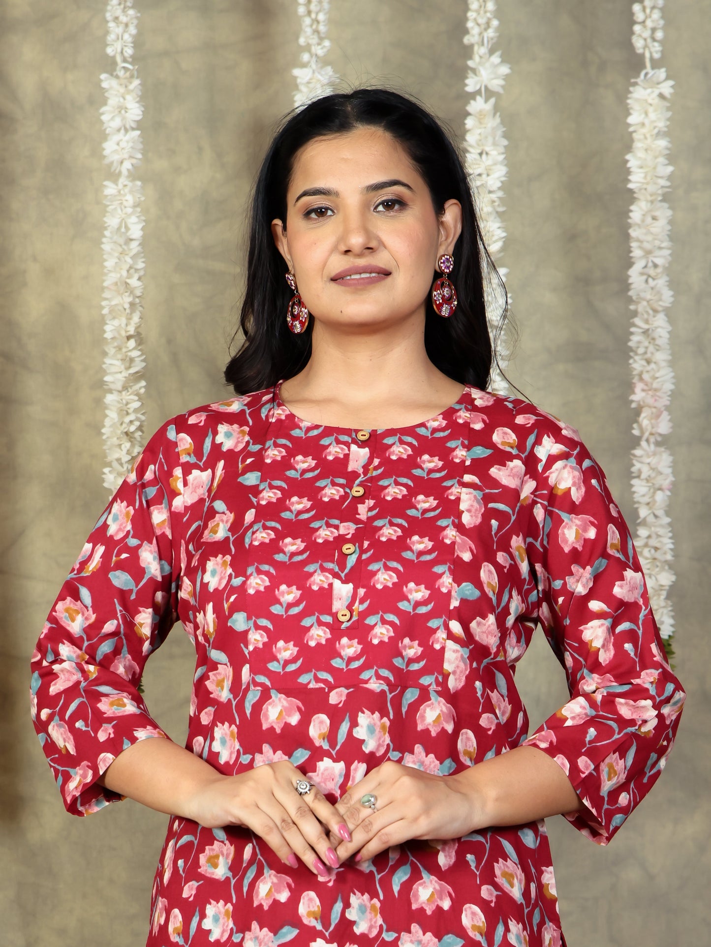 Soft Cotton Floral Straight Red Kurta
