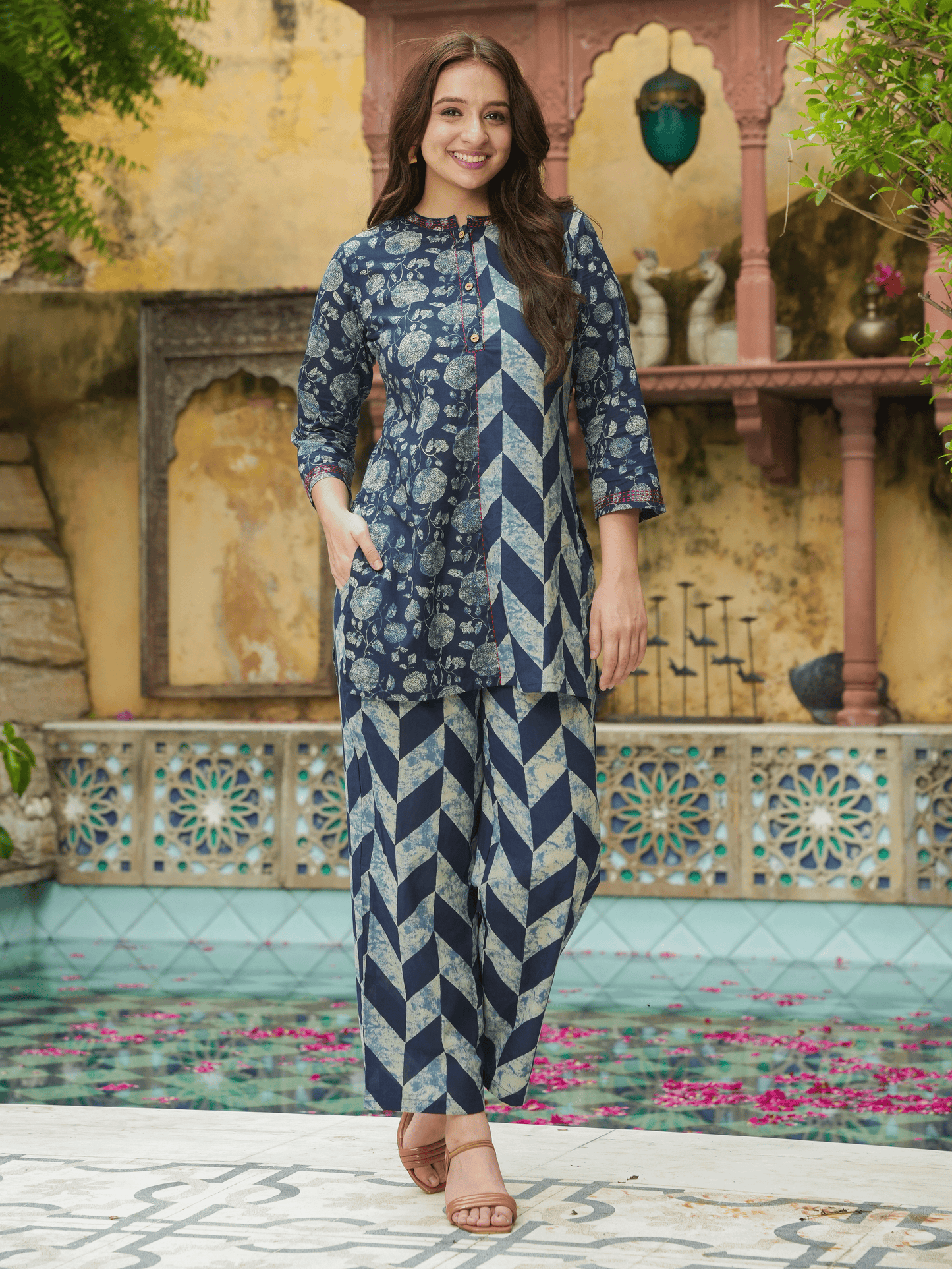 Embroidered Soft Cotton Geometric Straight Blue Kurta