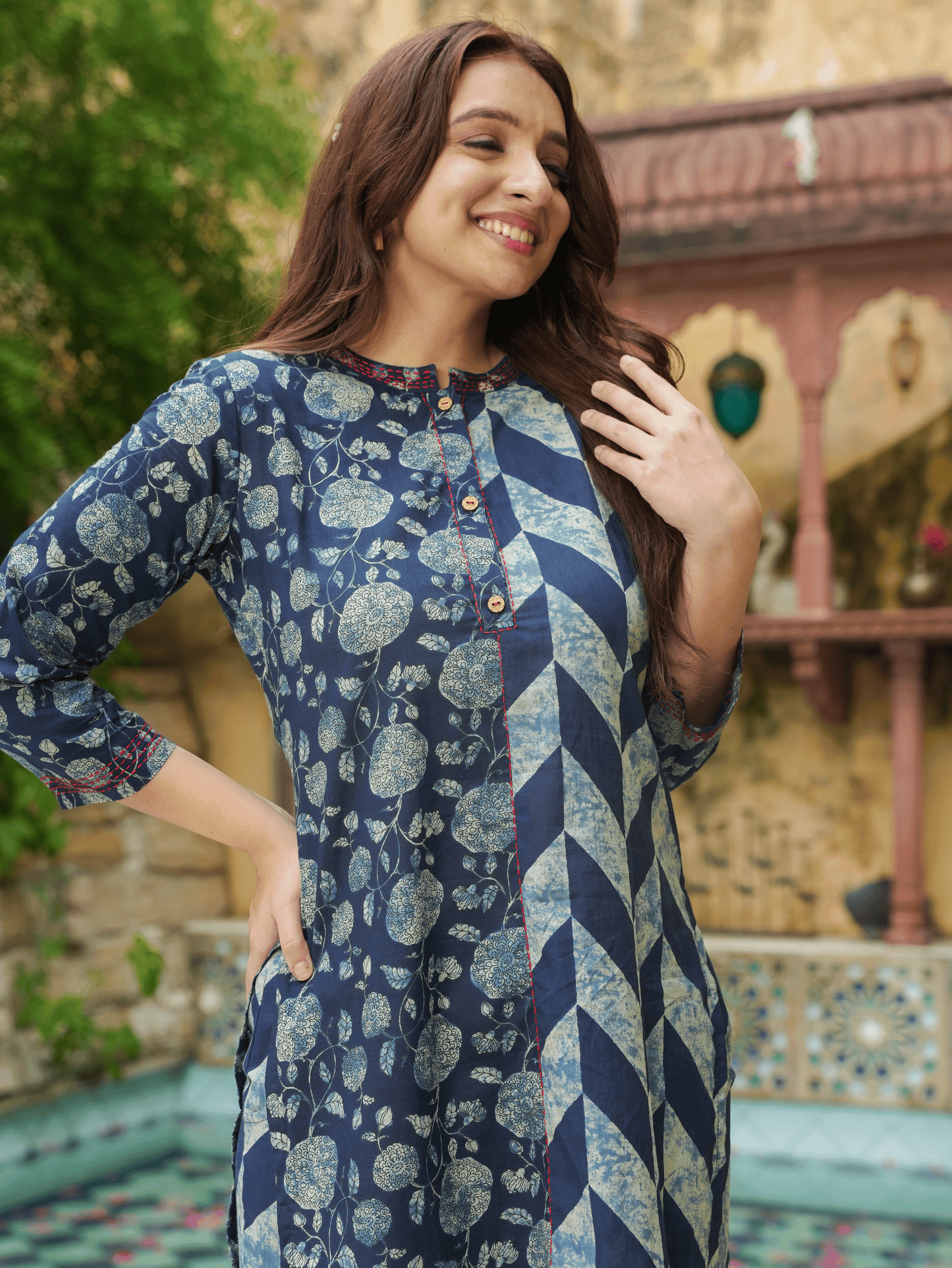 Embroidered Soft Cotton Geometric Straight Blue Kurta