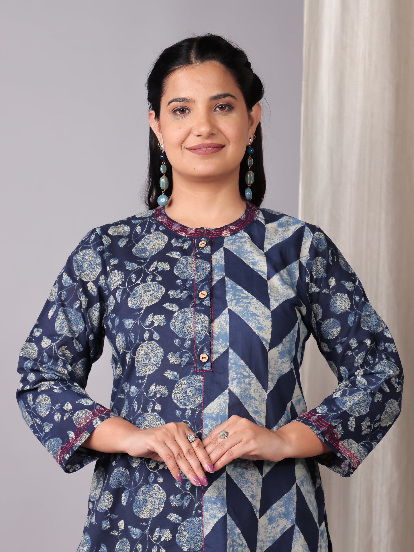 Embroidered Soft Cotton Geometric Straight Blue Kurta