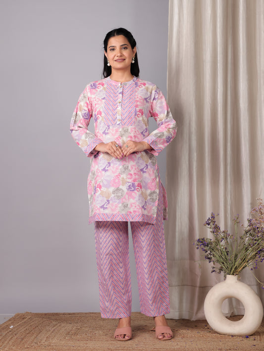 Soft Cotton Floral Straight Pink Kurta