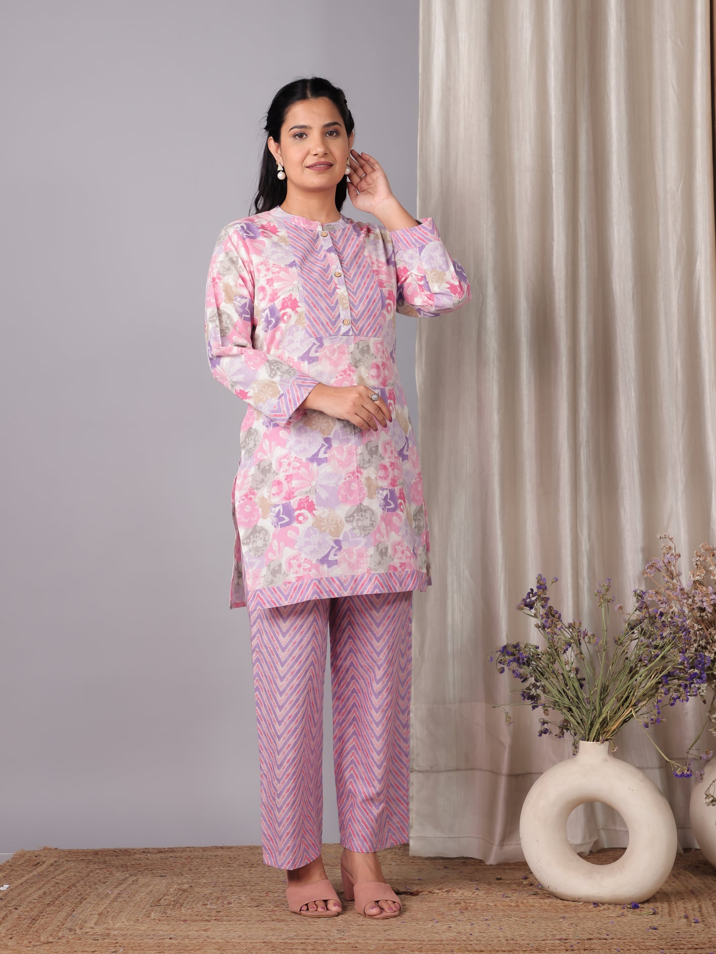 Soft Cotton Floral Straight Pink Kurta