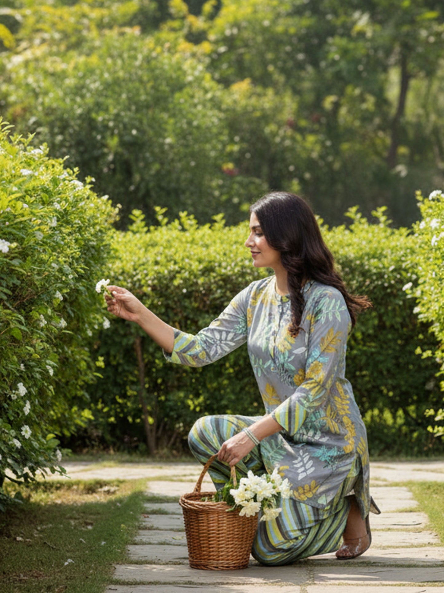 Soft Cotton Foliage Straight Grey Kurta