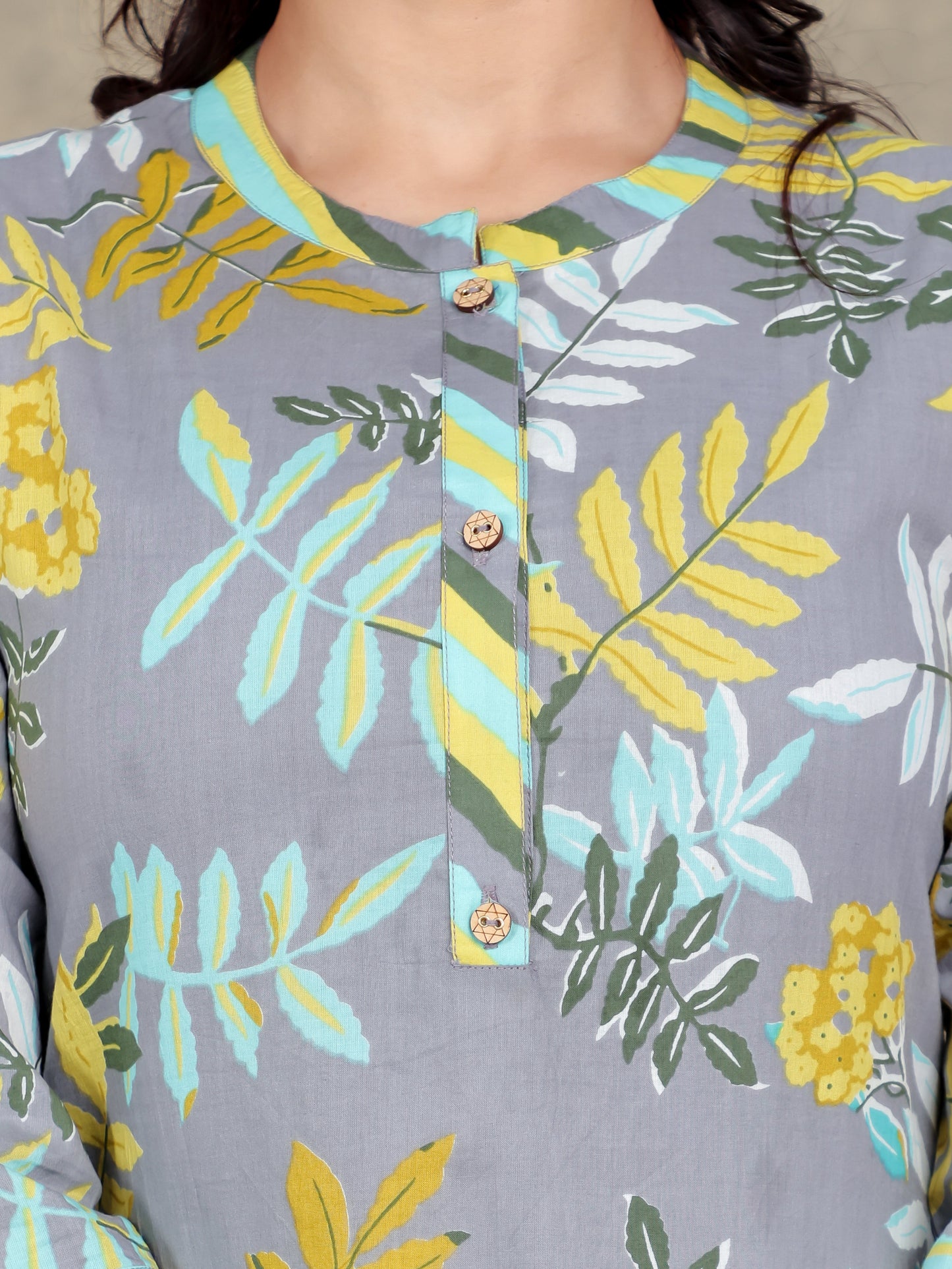 Soft Cotton Foliage Straight Grey Kurta