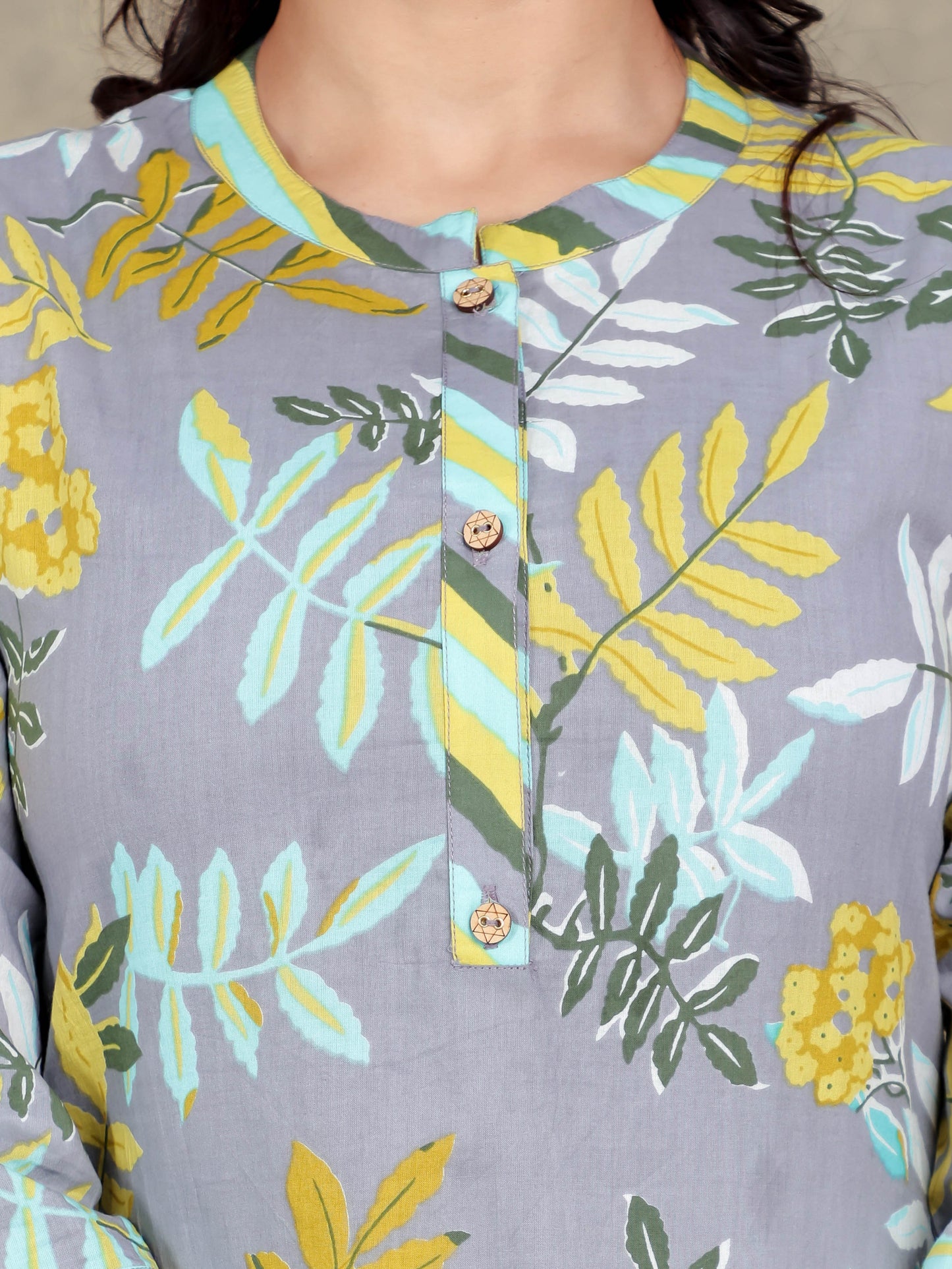 Soft Cotton Foliage Straight Grey Kurta