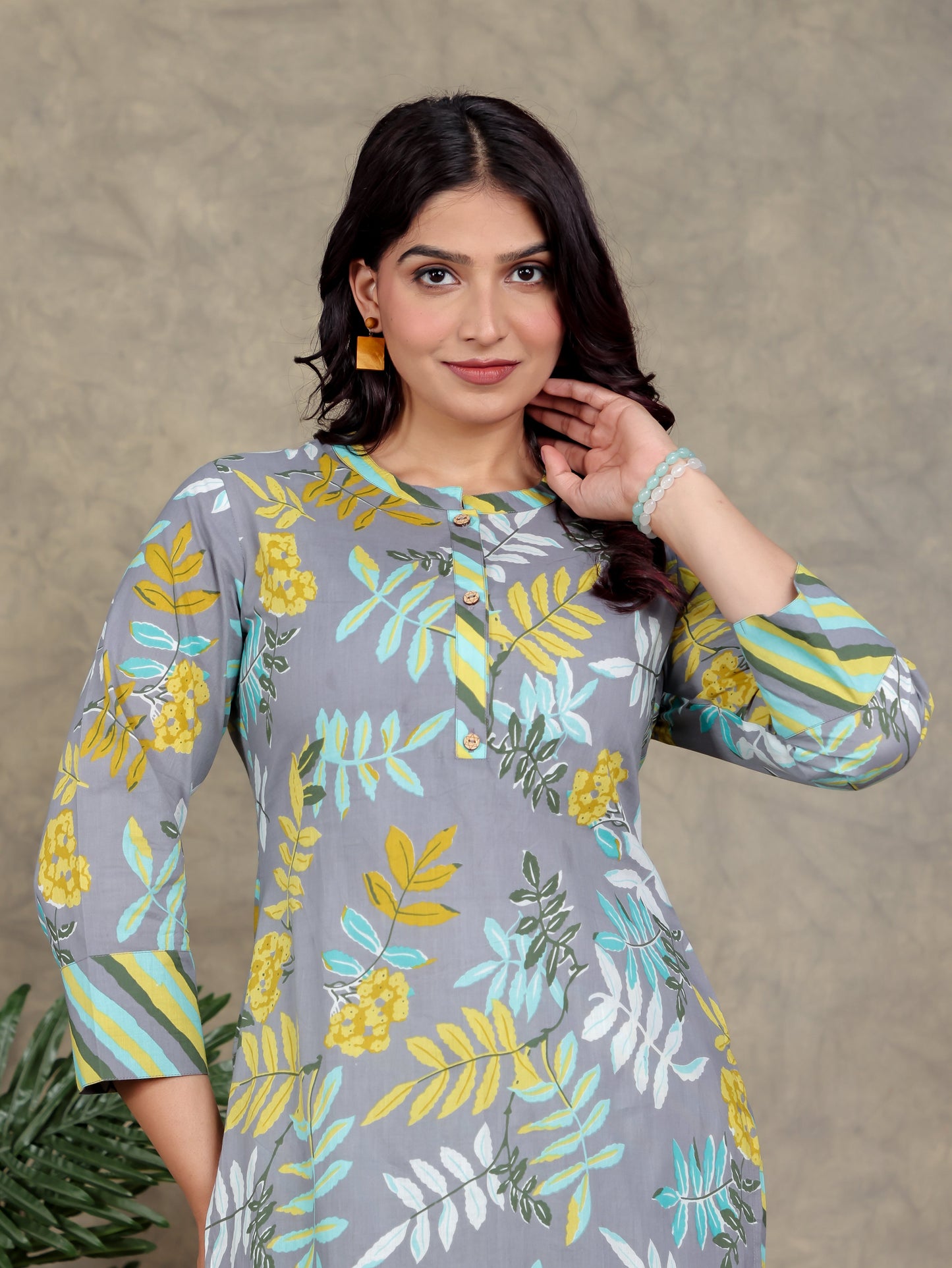Soft Cotton Foliage Straight Grey Kurta