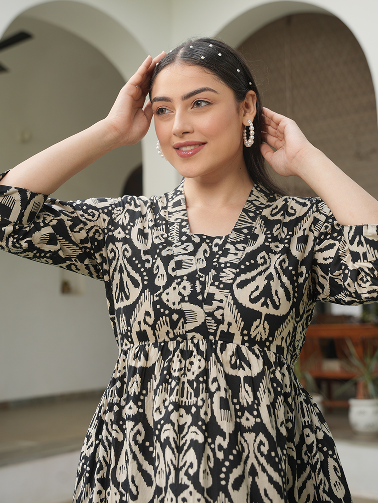 Soft Cotton Ikat Gathered Black Dress