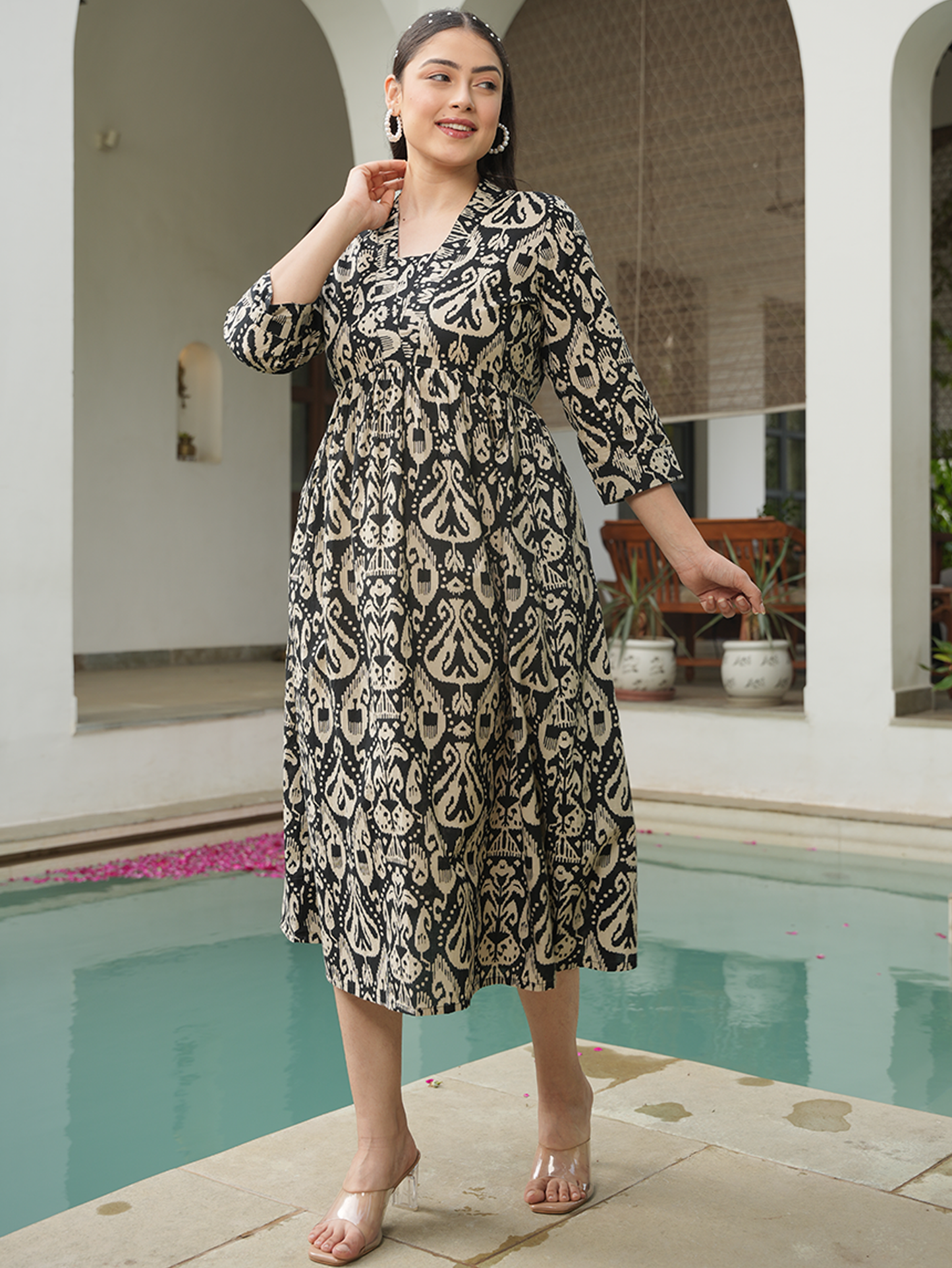 Soft Cotton Ikat Gathered Black Dress