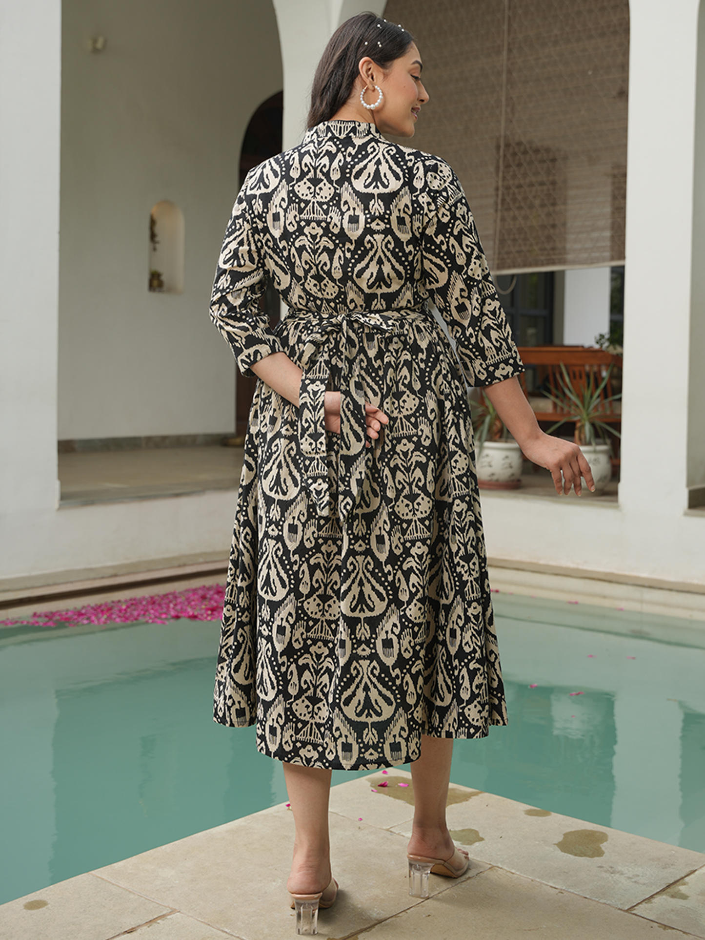 Soft Cotton Ikat Gathered Black Dress
