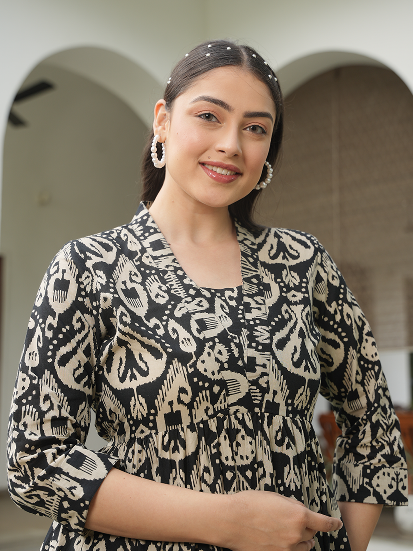 Soft Cotton Ikat Gathered Black Dress
